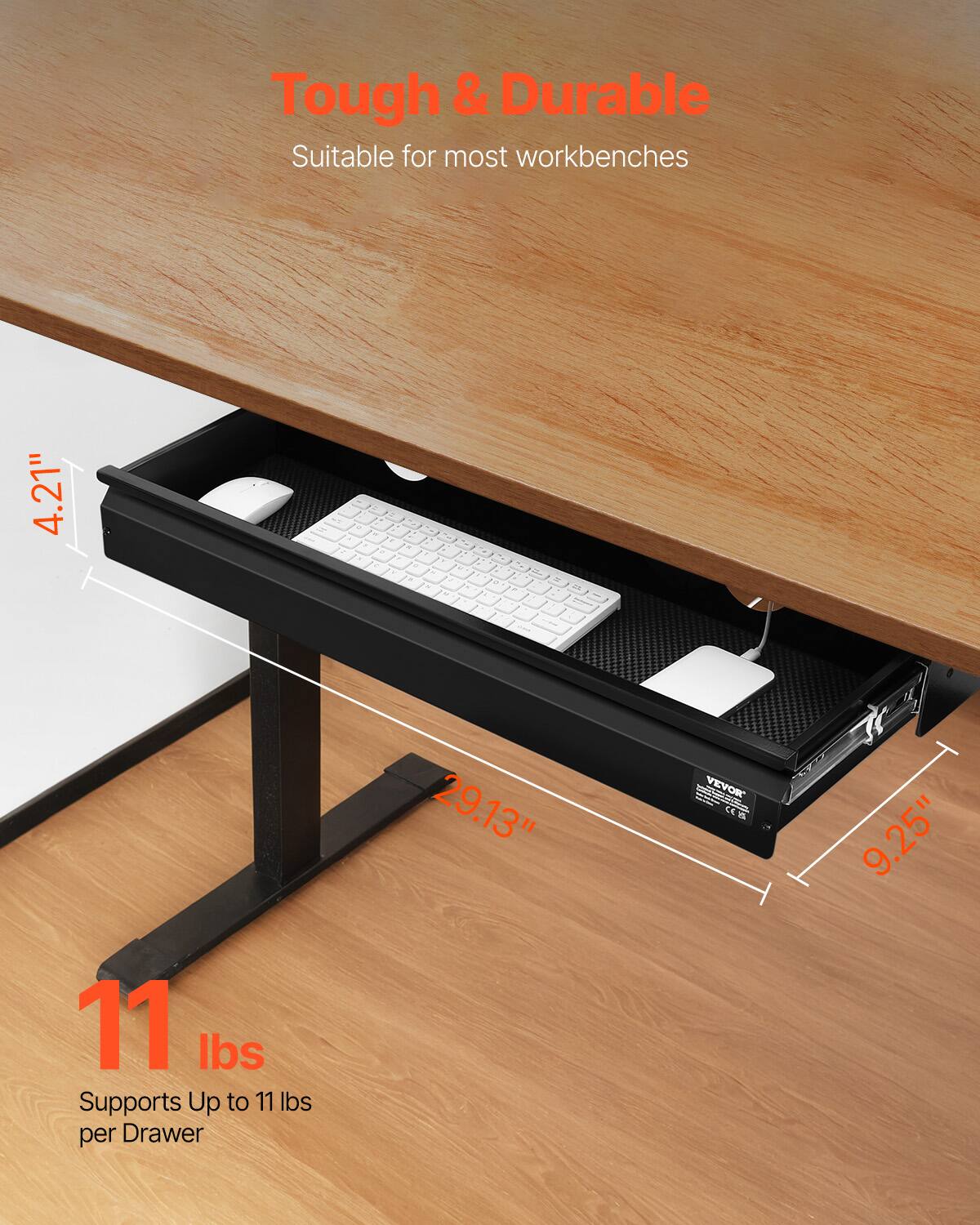 Tough & Durable  
Suitable for most workbenches  

4.21"  
29.13"  
9.25"  

11 lbs  
Supports Up to 11 lbs per Drawer