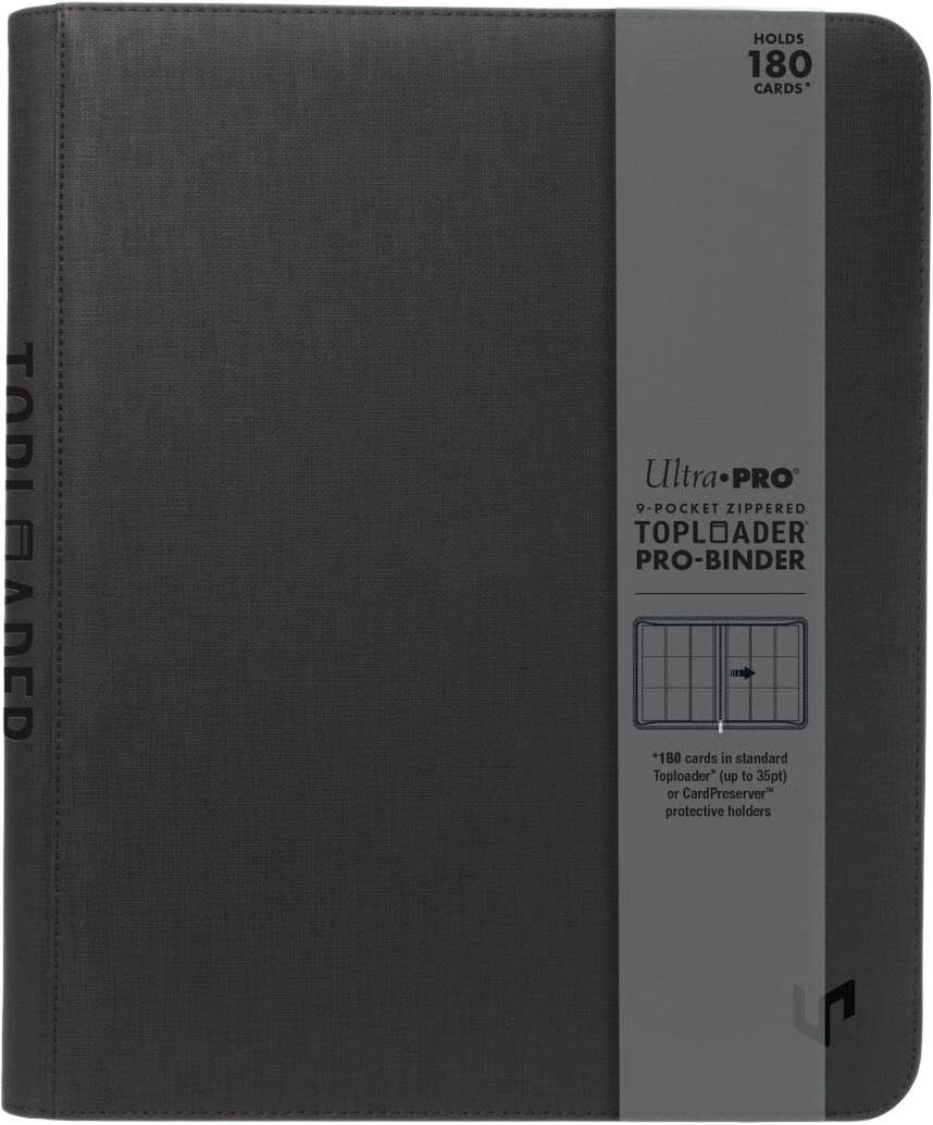 HOLDS 180 CARDS*  
TODLAADED Ultra PRO 9 9-POCKET ZIPPERED TOPLOADER PRO-BINDER  
*180 cards in standard Toploader" (up to 35pt) 10 CardPreserver protective holders