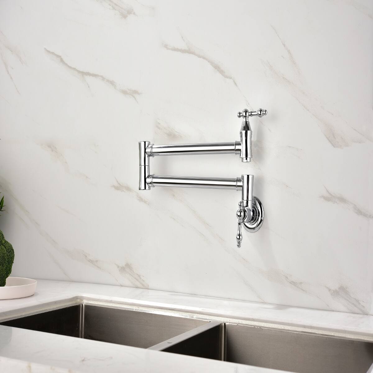 Alt View 3. Ropilly - Ropilly Wall Mount Pot Filler Faucet Chrome Brass Double Handle Swivel Arm Kitchen Faucet - Chrome.