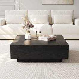 POVISON - 35" Fully-assembled Square Wood Coffee Table Mid-Century Coffee Table with 2 Drawer for Living Room - Black