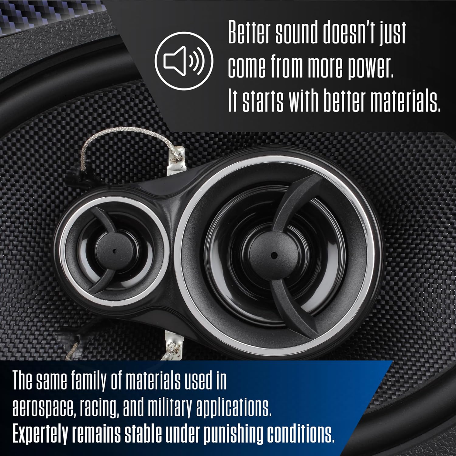 Better sound doesn't just come from more power. It starts with better materials. The same family of materials used in aerospace, racing, and military applications. Expertly remains stable under punishing conditions.
