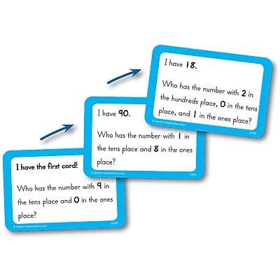 I have the first card!  
I have 18. Who has the number with 2 in the hundreds place, 0 in the tens place, and 1 in the ones place?  
Who has the number with 1 in the tens place and 8 in the ones place?  
Who has the number with 9 in the tens place and 0 in the ones place?