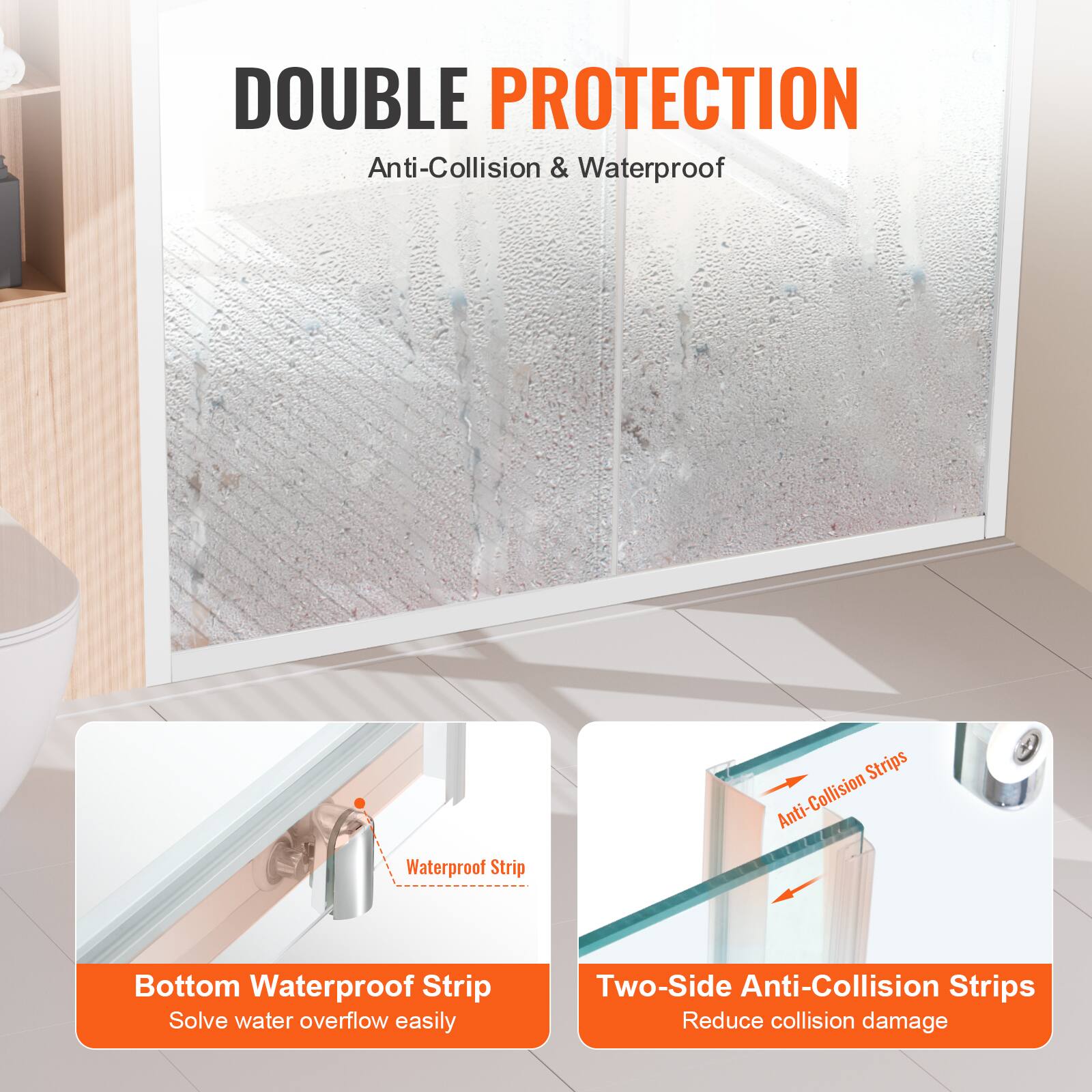 DOUBLE PROTECTION  
Anti-Collision & Waterproof  

Bottom Waterproof Strip  
Solve water overflow easily  

Two-Side Anti-Collision Strips  
Reduce collision damage
