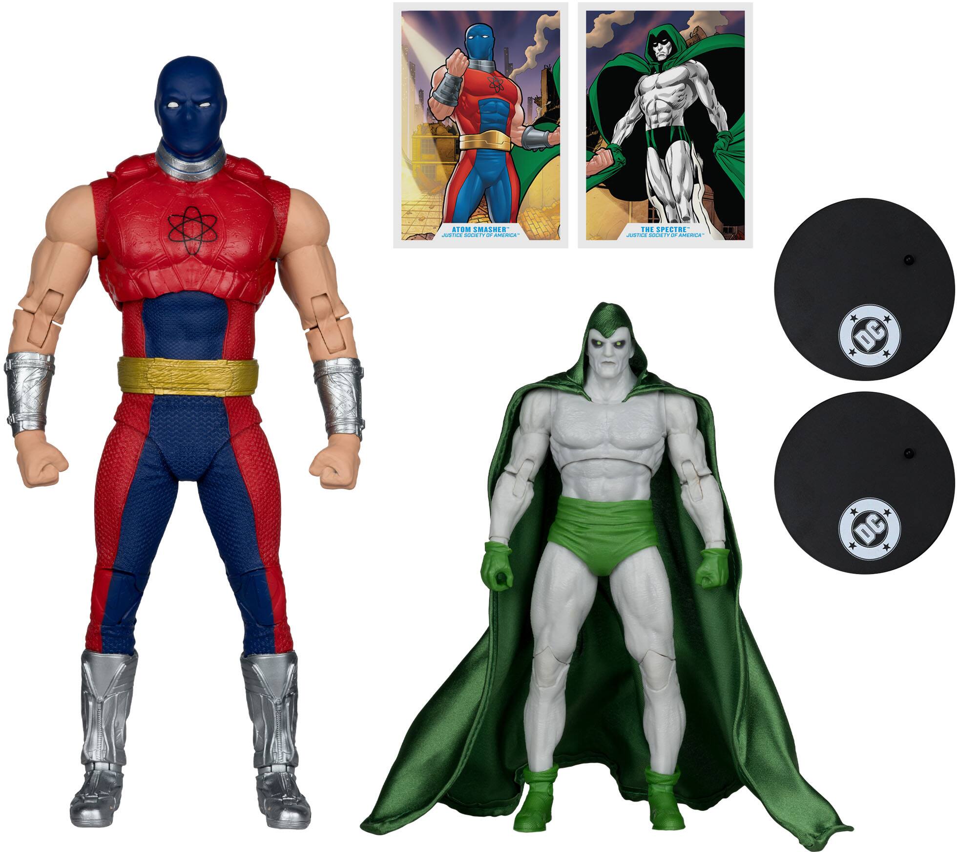 Sure, here is the corrected and grouped text from the image:

- **Atom Smasher**
  - "ATOM SMASHER"
  - "AMERICAN"

- **The Spectre**
  - "THE SPECTRE"
  - "AUSTRALIAN SPECTRE"

- **DC**
  - "DC" (on the vinyl records)