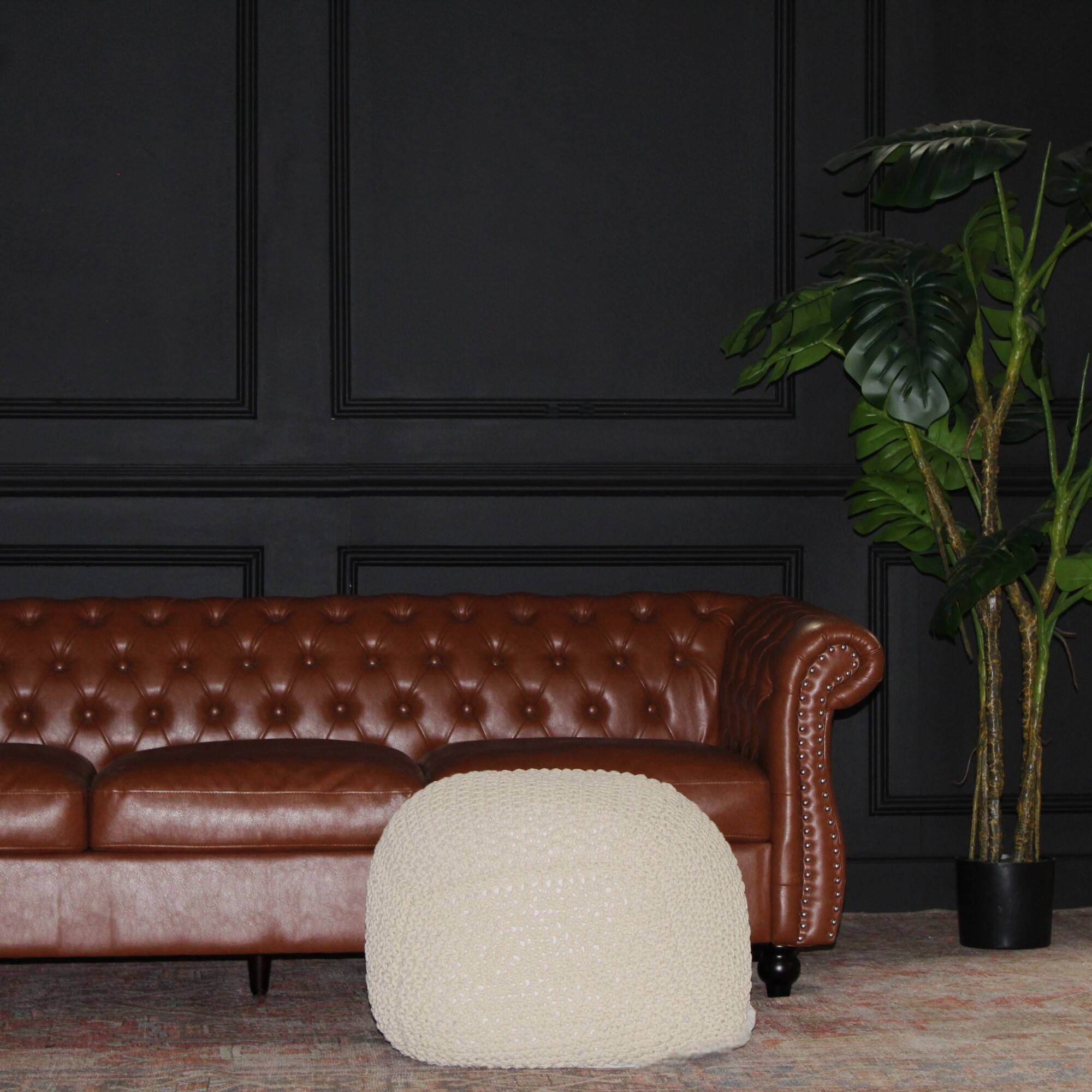 Left. GOODSILO - Handmade Cable Knit Semi-Rounded Pouf - Versatile Footrest and Seating for Living Spaces - Soft Cotton Fabric - Beige.