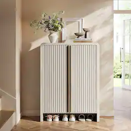 ModernMate - 20 Pairs Fluted Shoe Cabinet with Adjustable Shelves, Arch Profile Shoes Organizer Cabinet with Solid Metal Handle - White Alder