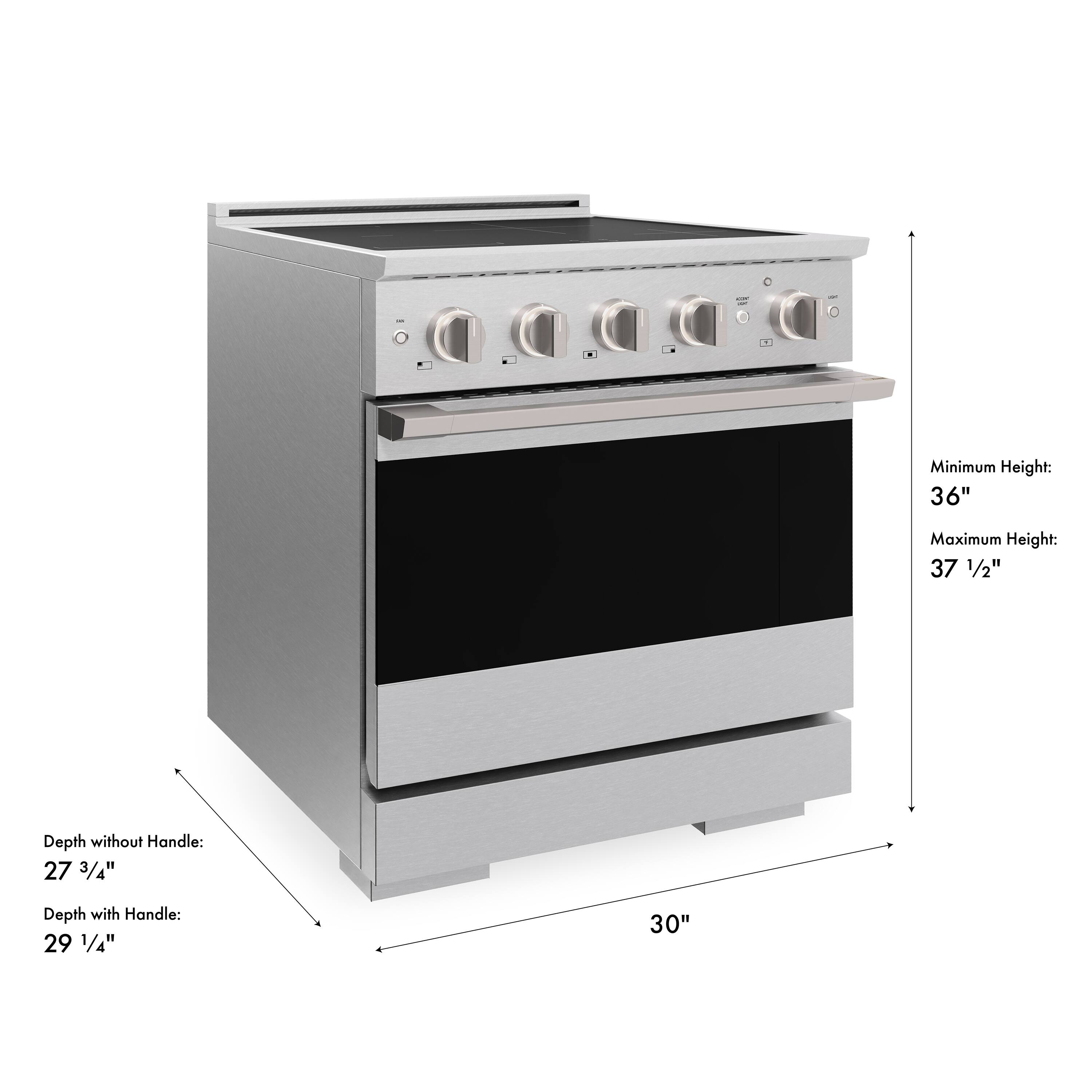 - Minimum Height: 36"
- Maximum Height: 37 1/2"
- Depth without Handle: 27 3/4"
- Depth with Handle: 29 1/4"
- Width: 30"
