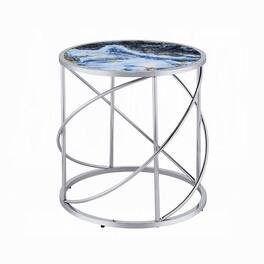 Manhattan Lane - Shira Round Side End Table, 22 Inch, Open Chrome Base Blue Faux Marble - Blue, Chrome