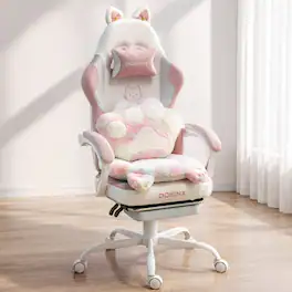 Dowinx - Cute Gaming Chair with Cat Ears and Paw Lumbar Seat Cushion, Ergonomic Computer Chair with Footrest & Headrest - Rainbow