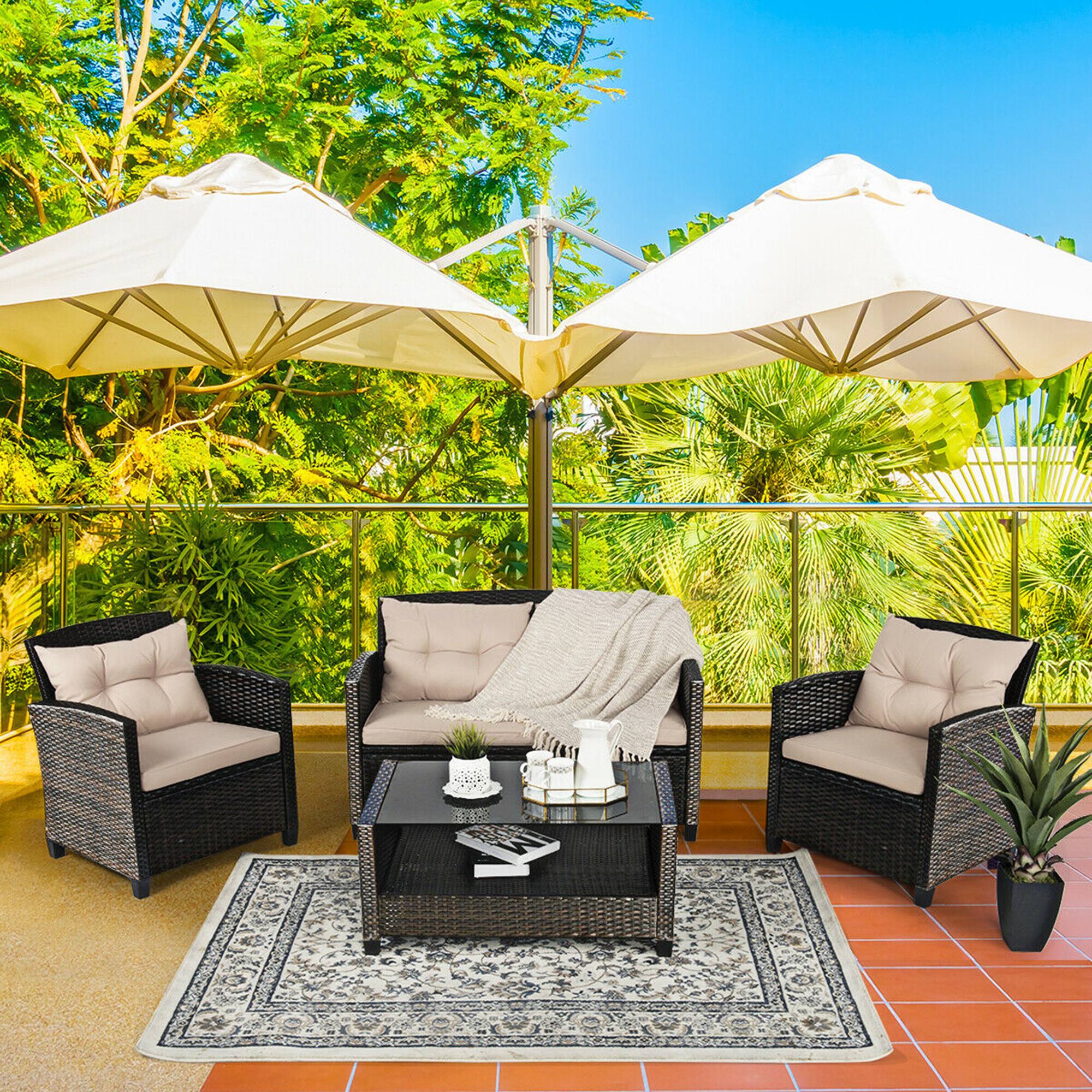 Front. Gymax - Gymax 4pcs Patio Rattan Conversation Set Cushioned Outdoor Furniture Set - Brown.
