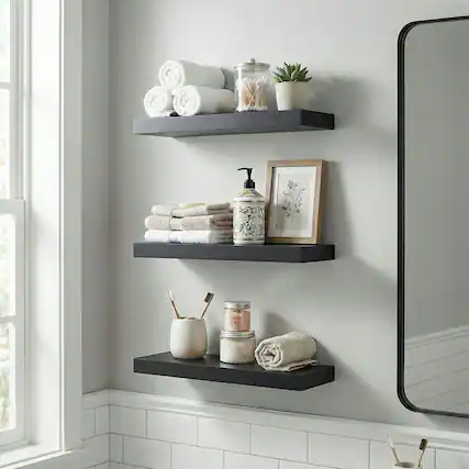 Front. Kadyn - Matte Black Floating Wall Shelves, Minimalist Storage with Hidden Bracket and Military-Grade Iron Frame for Living Room - Black.
