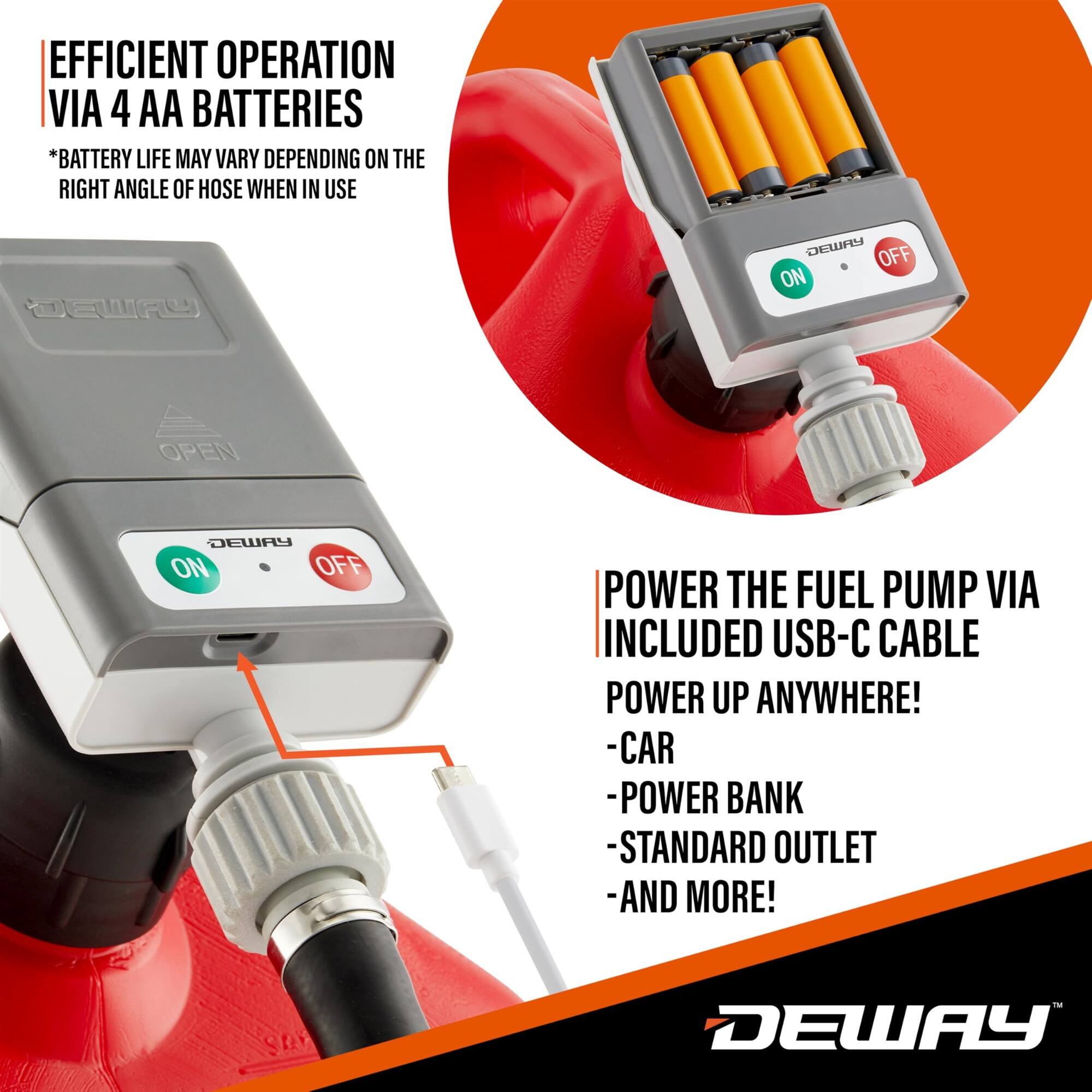 EFFICIENT OPERATION VIA 4 AA BATTERIES  
*BATTERY LIFE MAY VARY DEPENDING ON THE RIGHT ANGLE OF HOSE WHEN IN USE  

POWER THE FUEL PUMP VIA INCLUDED USB-C CABLE  
POWER UP ANYWHERE!  
- CAR  
- POWER BANK  
- STANDARD OUTLET  
- AND MORE!  

DEWAY