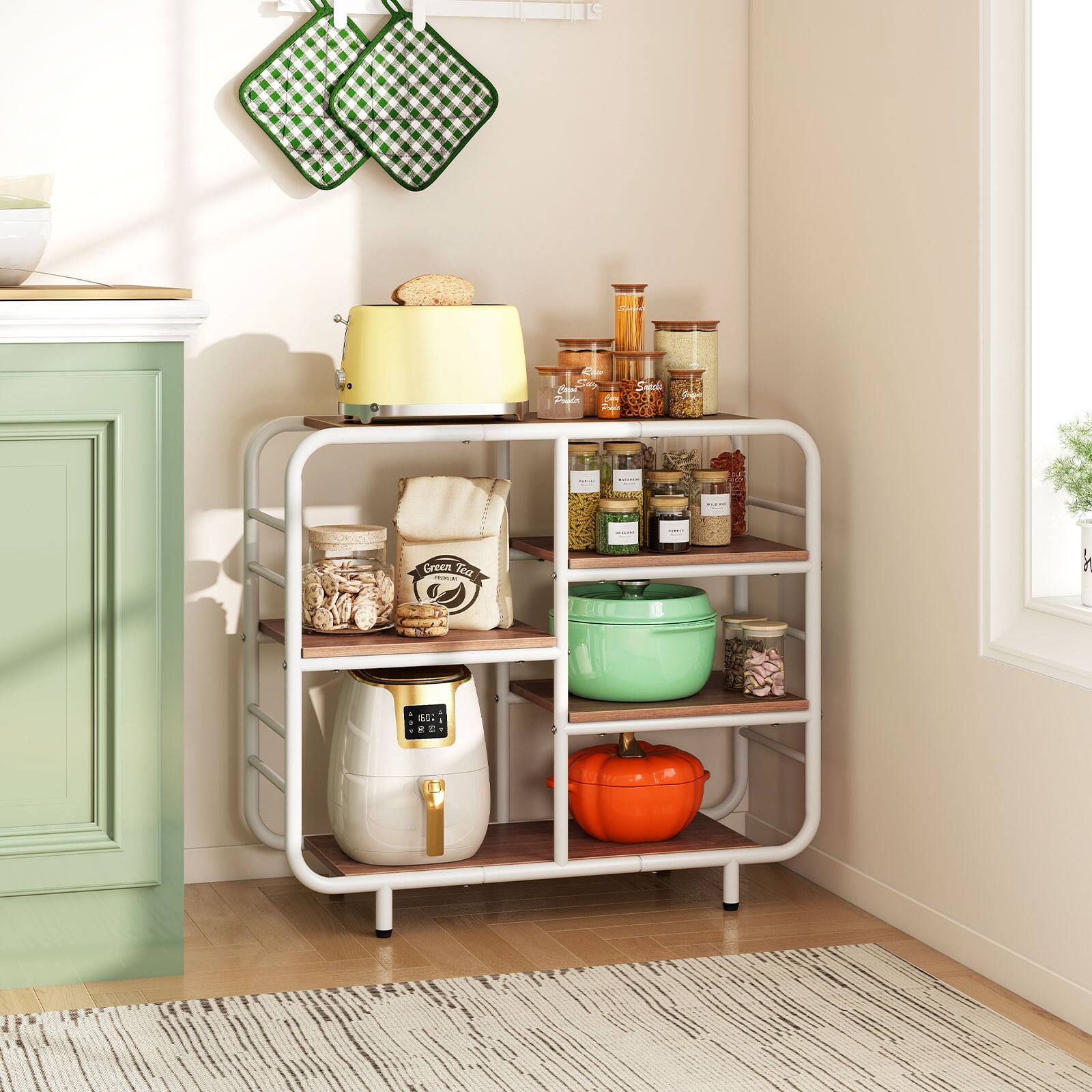 The text in the image reads:

- "Green Tea" (on a bag on the shelf)
- "Saffron" (on a jar)
- "Basil" (on a jar)
- "Oregano" (on a jar)
- "Rosemary" (on a jar)
- "Thyme" (on a jar)
- "Cumin" (on a jar)
- "Coriander" (on a jar)
- "Paprika" (on a jar)
- "Turmeric" (on a jar)
- "Cinnamon" (on a jar)
- "Cloves" (on a jar)
- "Nuts" (on a jar)
- "Dried Fruits" (on a jar)
- "Rice" (on a jar)
- "Beans" (on a jar)
- "Lentils" (on a jar)
- "Green Tea" (on a bag on the shelf)
- "100% Organic" (on a container)
- "100% Natural" (on a container)