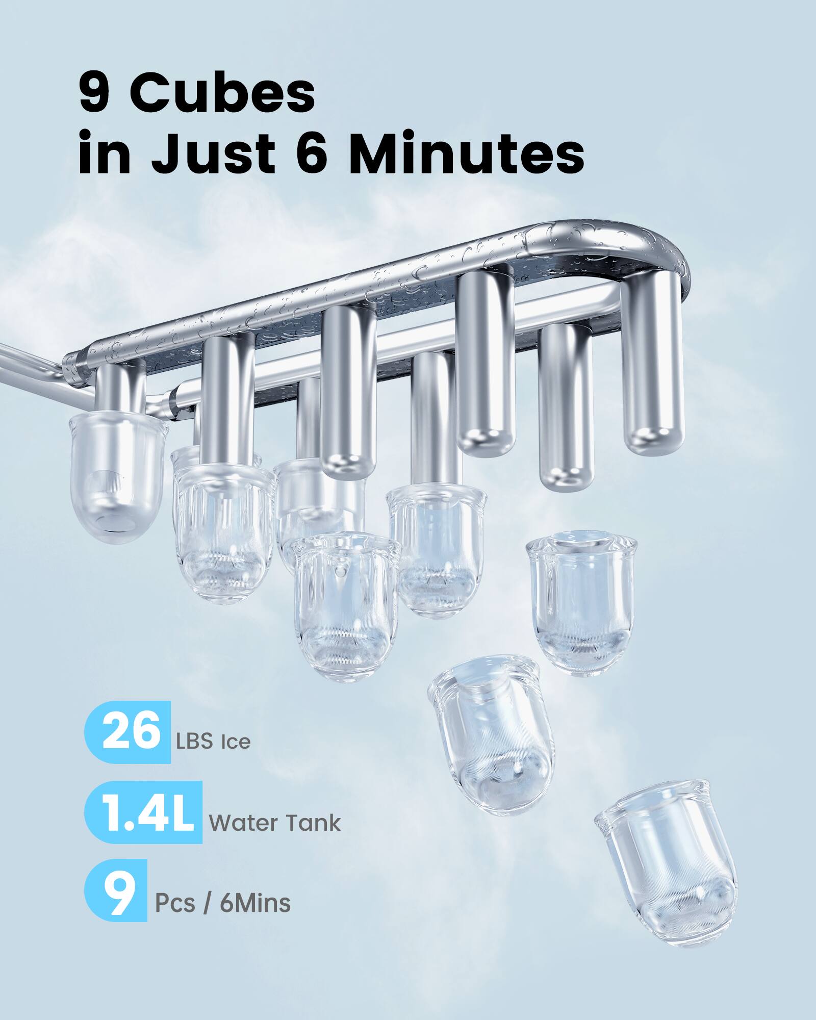 9 Cubes in Just 6 Minutes

26 LBS Ice

1.4L Water Tank

9 Pcs / 6 Mins