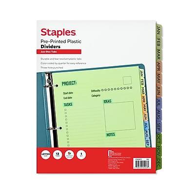 Staples Pre-Printed Plastic Dividers  
Jan-Doc Table  
Durable and tear-resistant plastic tabs  
Color-coded quarterly for easy reference  
Three-hole punched  

PROJECT:  
Start date  
End date  
Difficulty ...........  
Category  

IDEAS  
TASKS  
NOTES  

JAN FEB MAR APR MAY JUN JUL AUG SEP OCT NOV DEC