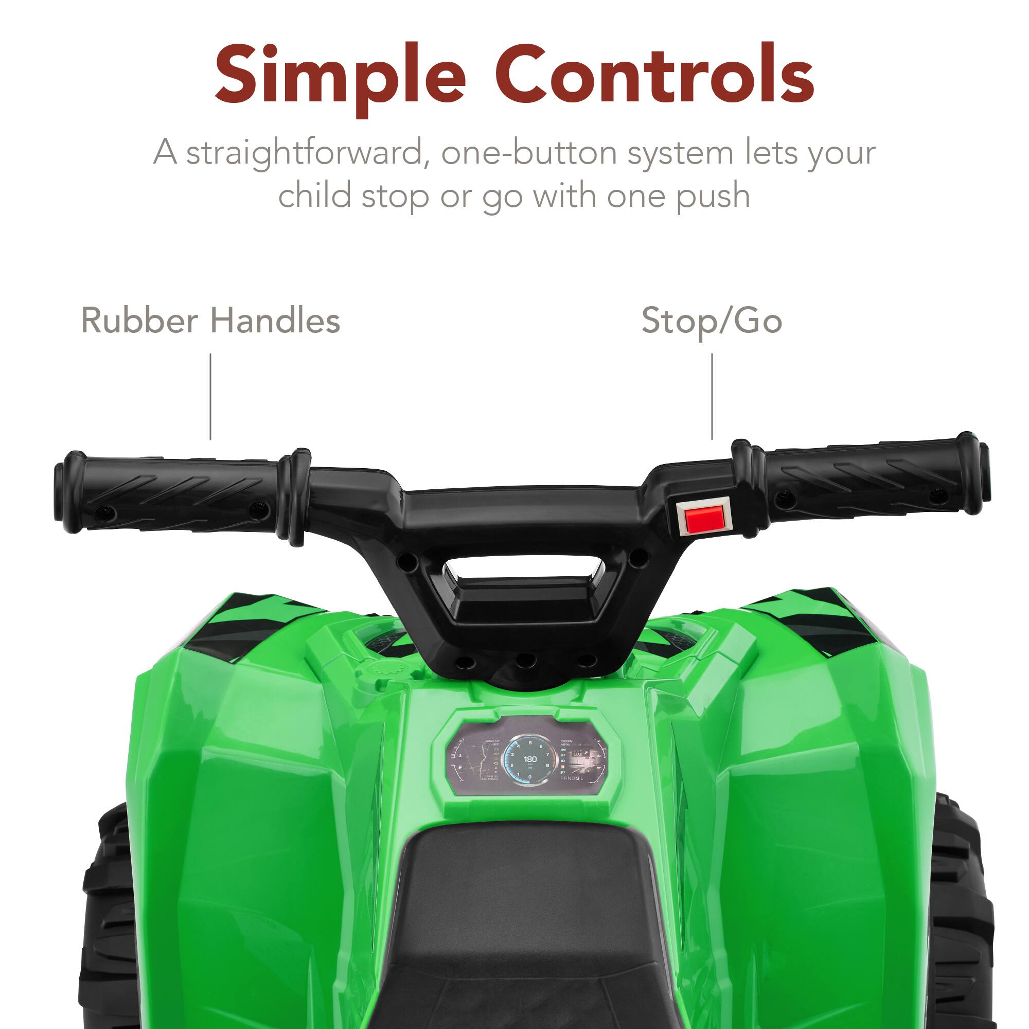 Simple Controls: A straightforward, one-button system lets your child stop or go with one push. Rubber Handles. Stop/Go.