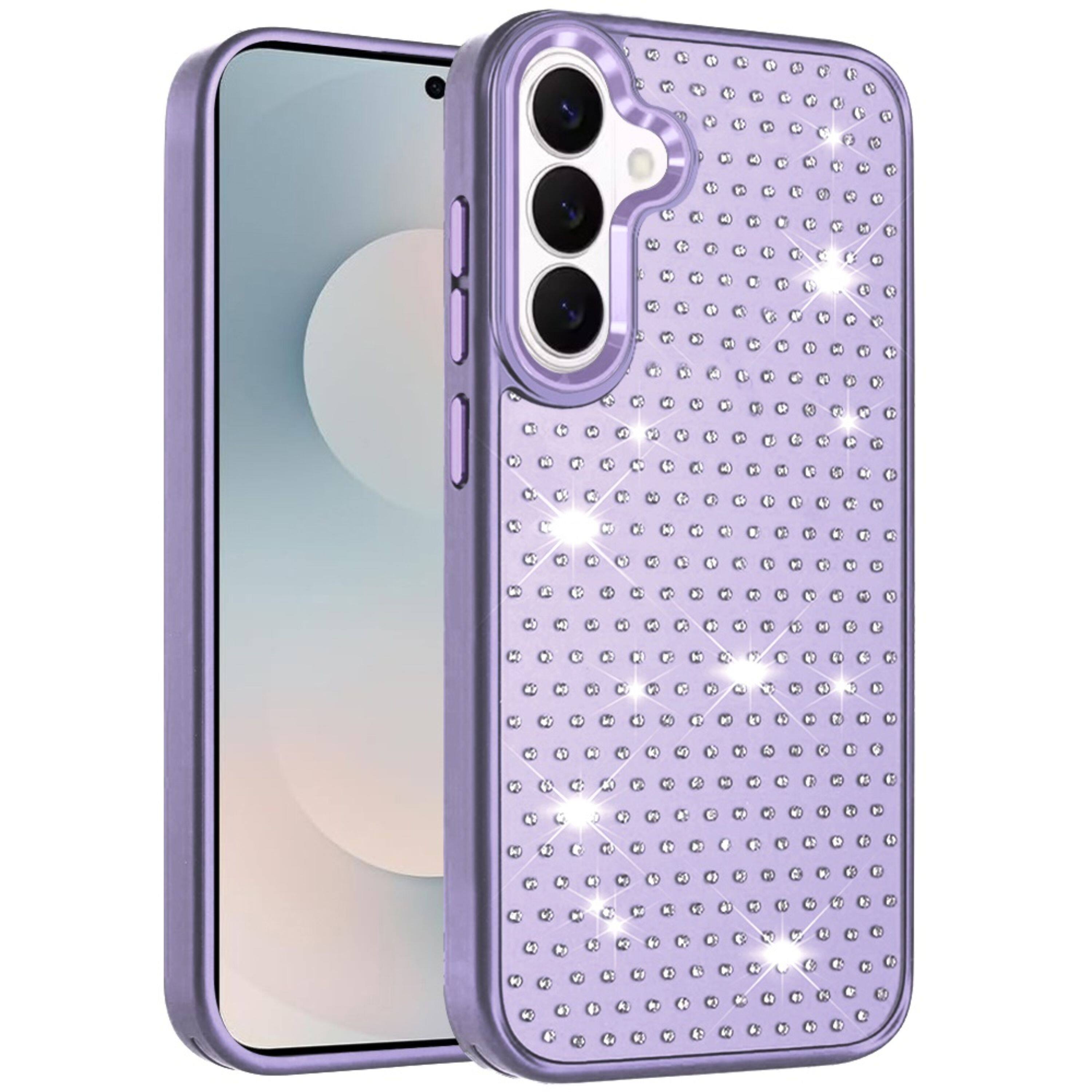 Left. Kitcheniva - Rhinestone Crystal Chrome Edge Case With Tempered Glass For Samsung S26 Plus Purple - Purple.