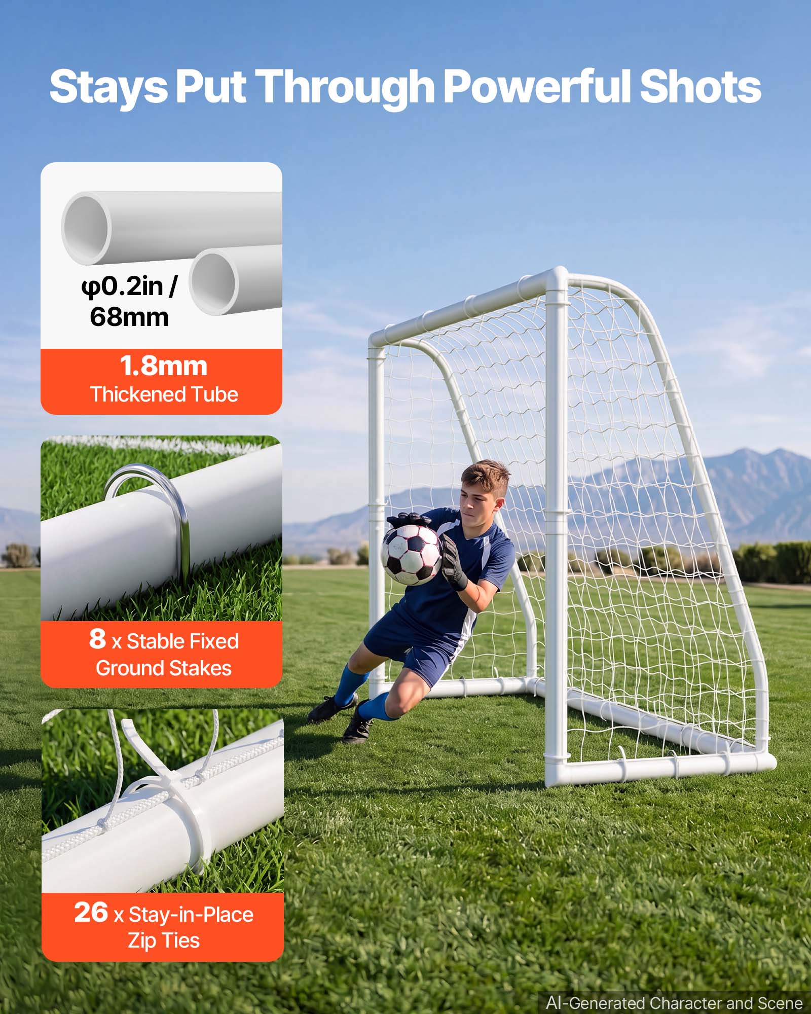 Stays Put Through Powerful Shots  
0.2in / 68mm  
1.8mm Thickened Tube  
8 x Stable Fixed Ground Stakes  
26 x Stay-in-Place Zip Ties  
AI-Generated Character and Scene