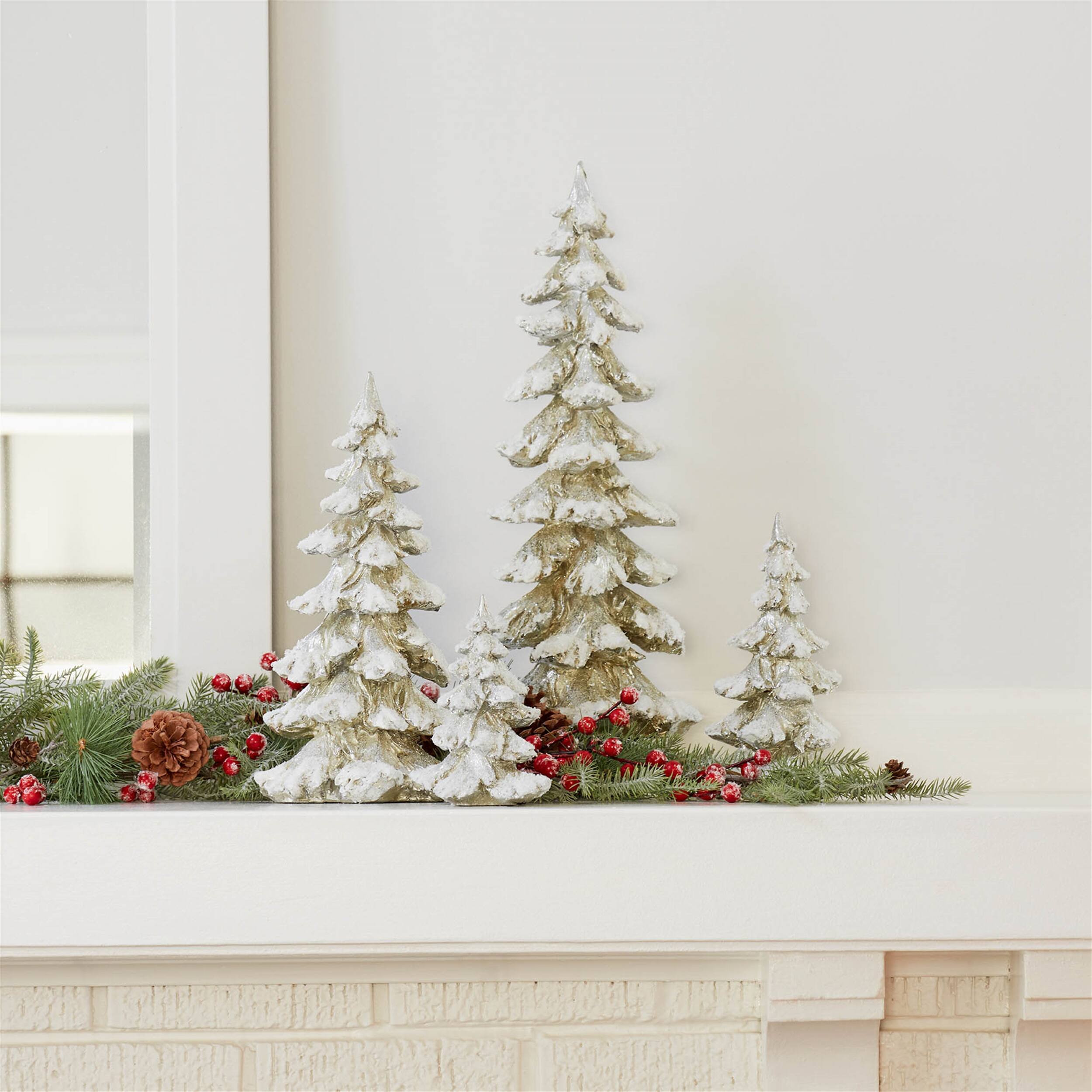 Angle. BreeBe - Gold Flocked Pine Tree Decor (Set of 4) - Gold, White.