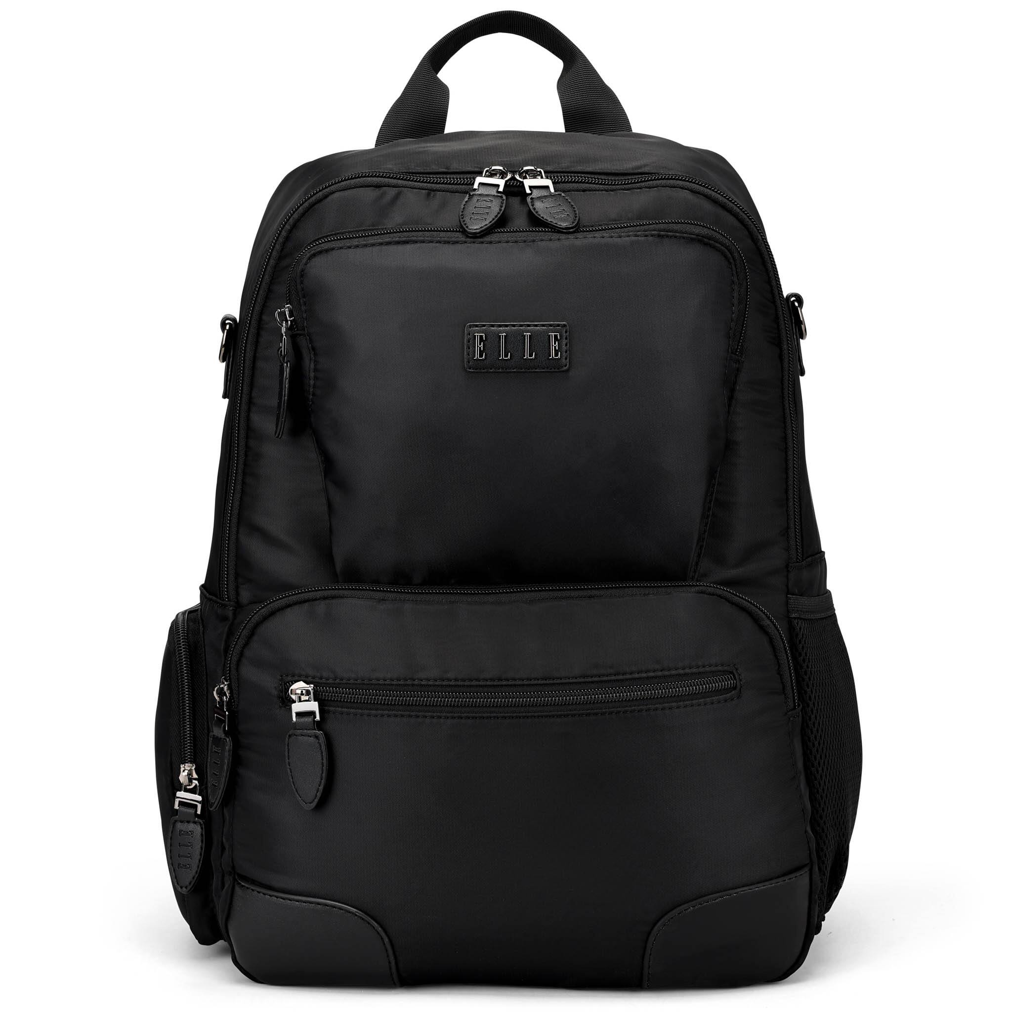 Front. Elle - ELLE Voyage 20L Twill and Vegan Leather Backpack - Black - Black.