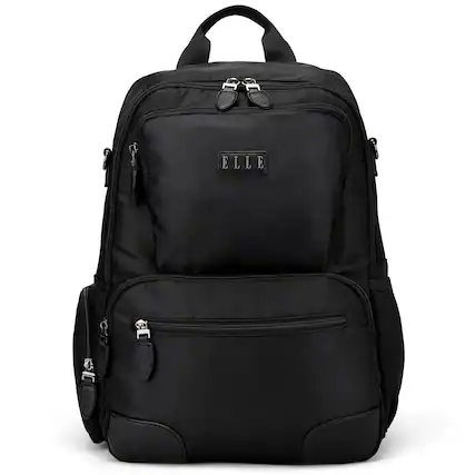 Front. Elle - ELLE Voyage 20L Twill and Vegan Leather Backpack - Black - Black.