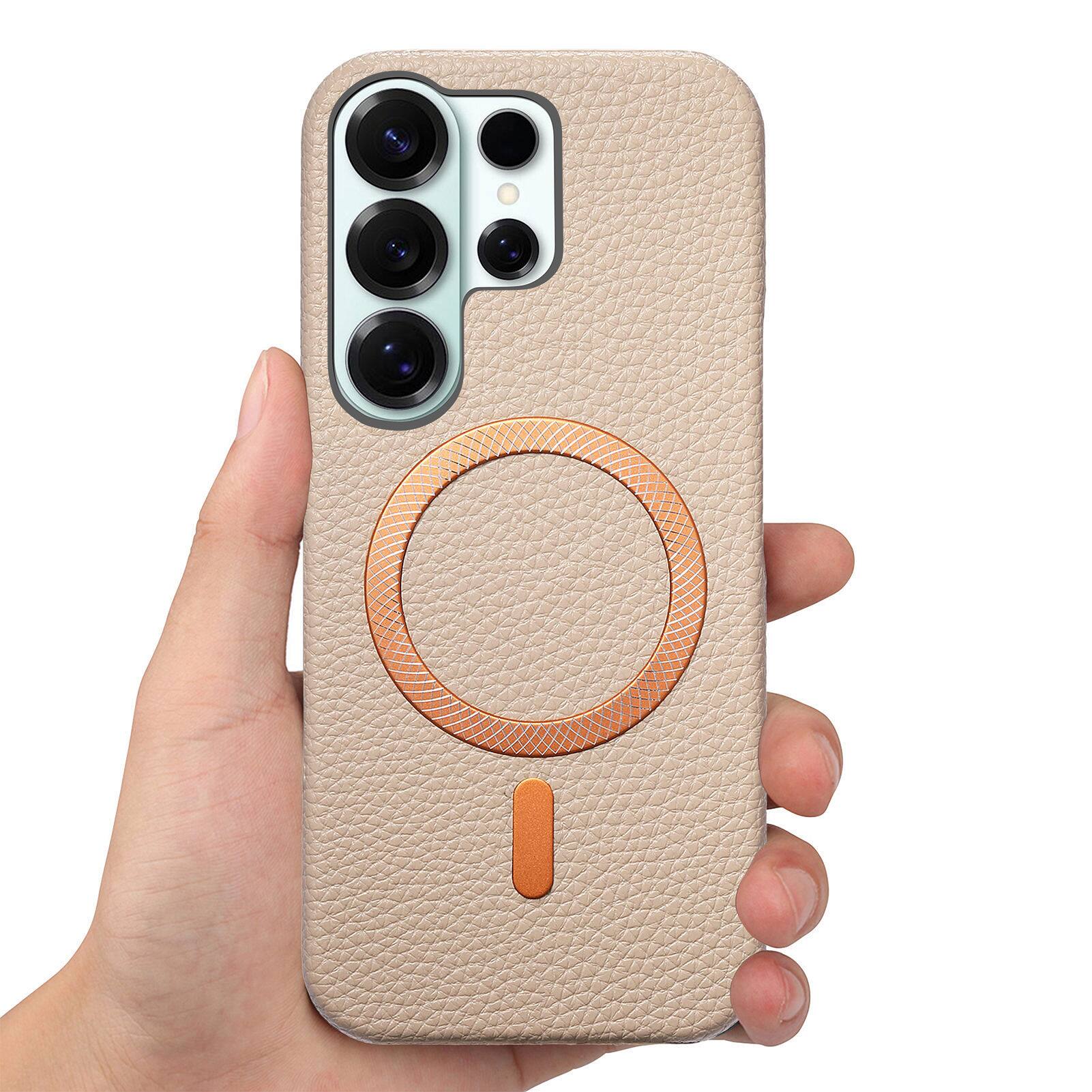 Alt View 5. Dteck - Lychee Texture Case for Samsung Galaxy S26 Ultra, Premium PU Leather Magnetic Shockproof Hard PC Cover with Raised Edges - Khaki.