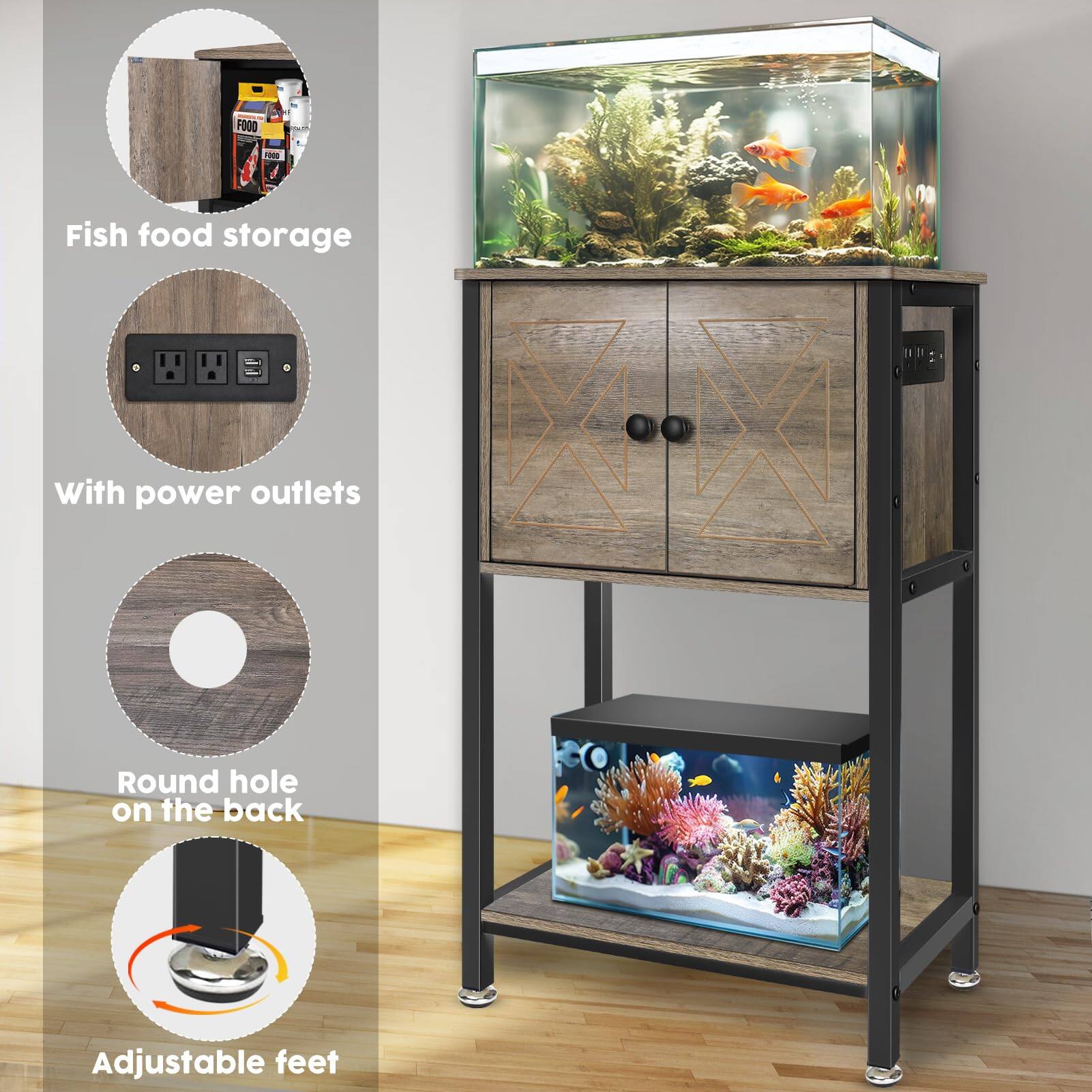 - Fish food storage
- With power outlets
- Round hole on the back
- Adjustable feet