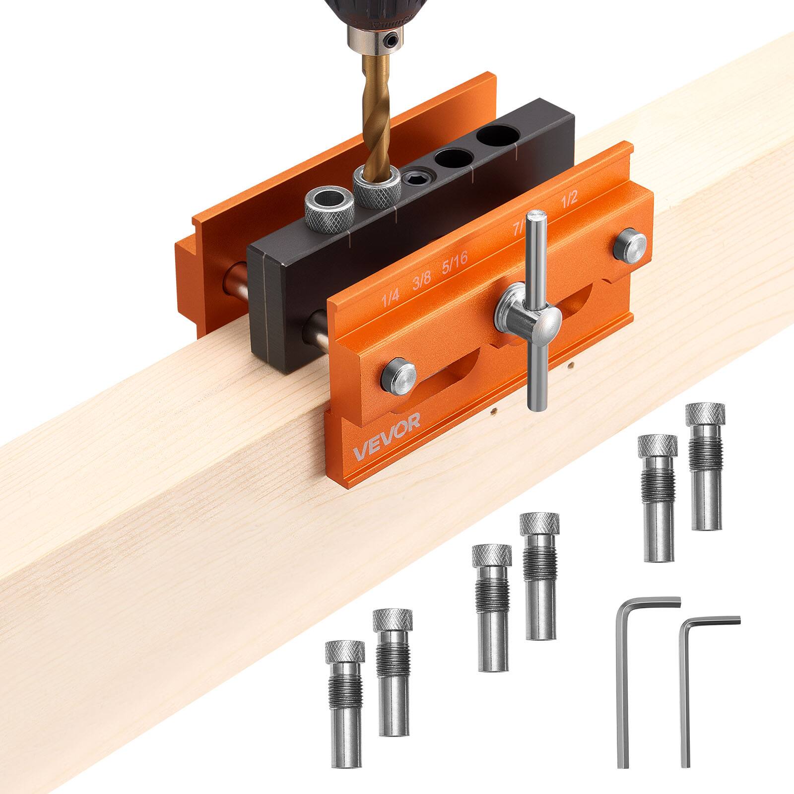 VEVOR - Doweling Jig Kit, Self Centering Dowel Drill Jig for Straight Holes, Aluminum Alloy Woodworking Tools - Orange