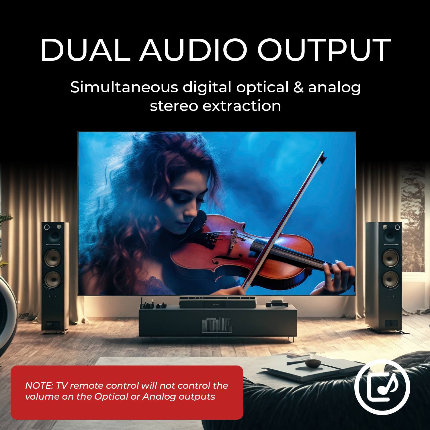 DUAL AUDIO OUTPUT  
Simultaneous digital optical & analog stereo extraction  

NOTE: TV remote control will not control the volume on the Optical or Analog outputs
