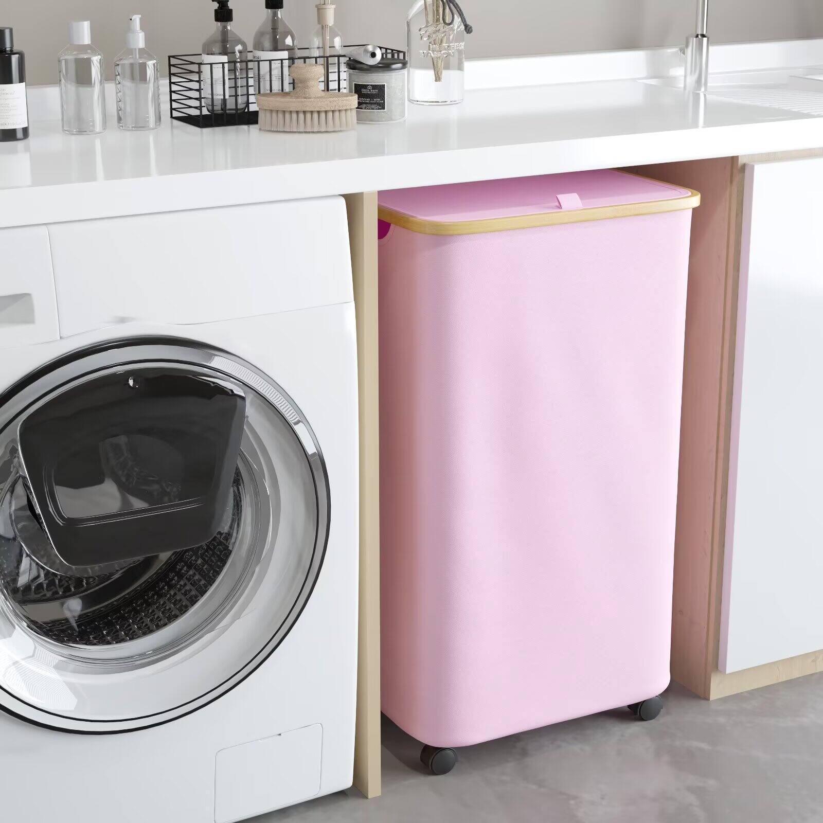 Alt View 1. Tooloton - Rolling Laundry Hamper with Lid, 26 Gallon (100L) Clothes Basket, Bamboo Handle, Large Storage - Pink - Pink.
