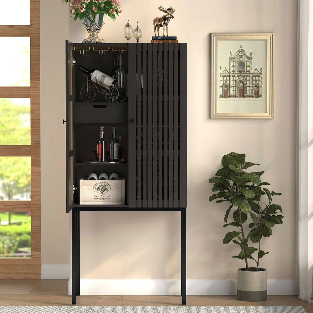 Alt View 3. Kadyn - Wine Bar Cabinet with Tall Legs, Grey Liquor Cabinet with Removable Wine Racks, Pantry Storage Cabinet, Gray - Gray.