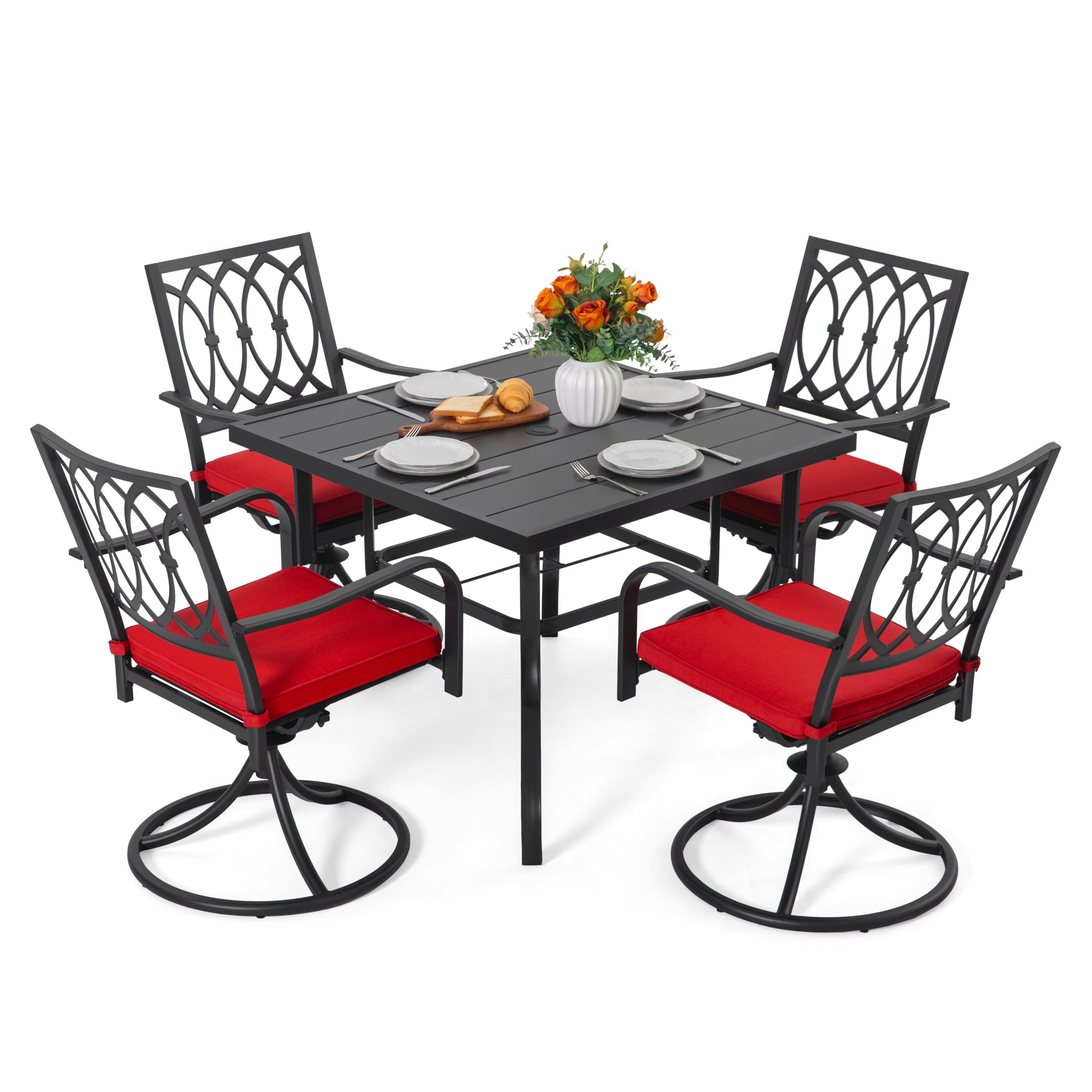 Nuu Garden - 5-Piece Metal Outdoor Dining Set with Umbrella Hole and 4 Swivel Chairs - Black and Red