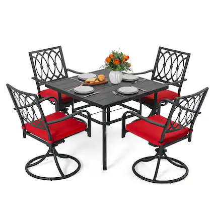 Front. Nuu Garden - 5-Piece Metal Outdoor Dining Set with Umbrella Hole and 4 Swivel Chairs - Black and Red.