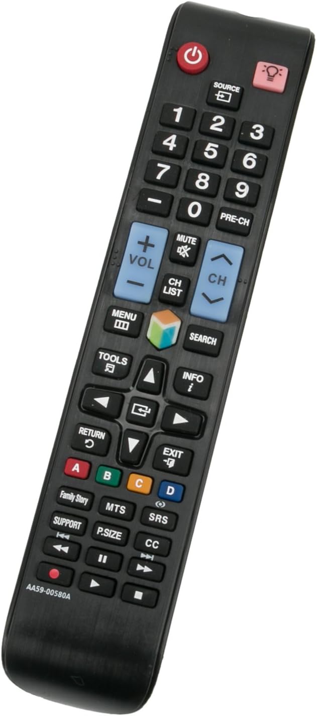 SOURCE 1 2 3 4 5 6 7 8 9 PRE-CH + MUTE VOL CH CH LIST MENU SEARCH TOOLS INFO RETURN EXIT A B C D Family Story MTS SUPPORT SRS P.SIZE CC AA59-00580A