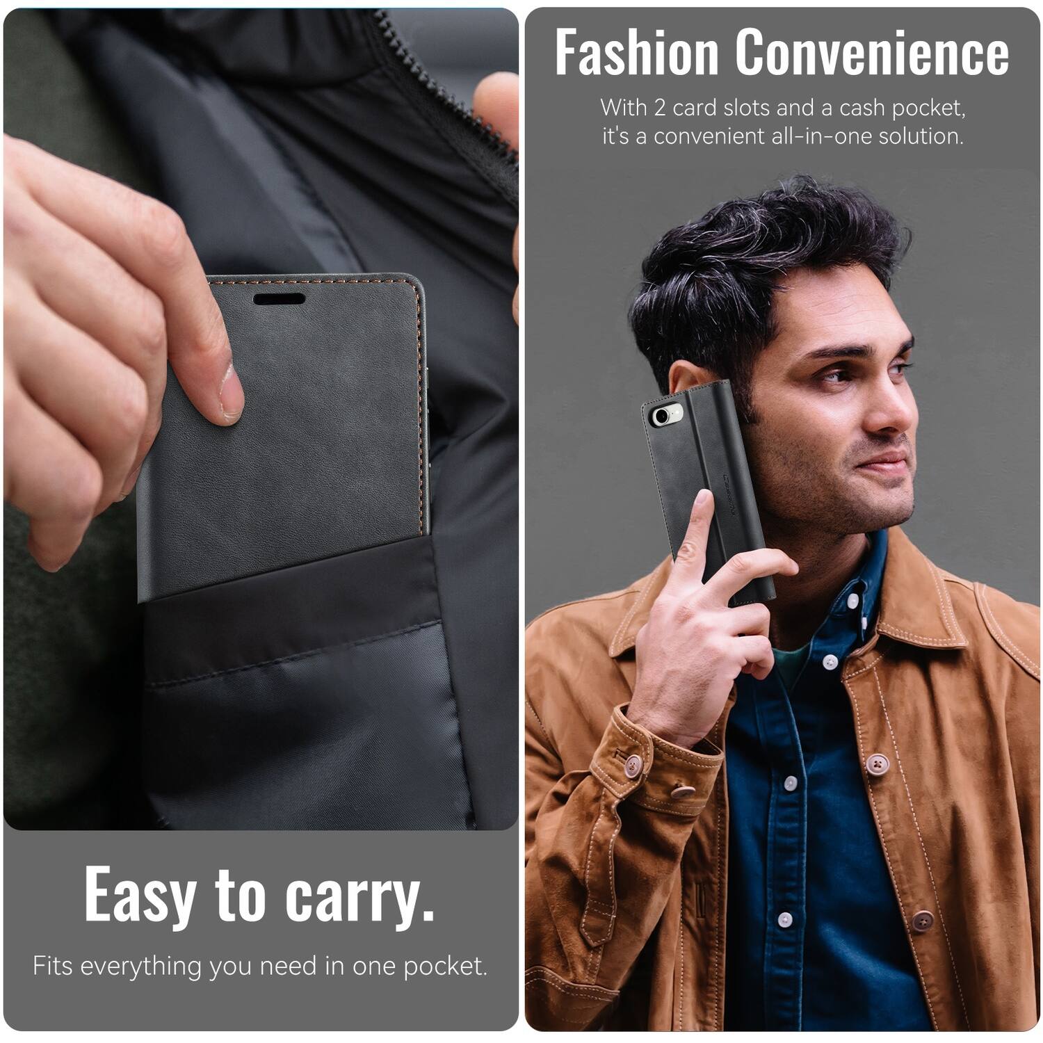 Fashion Convenience

With 2 card slots and a cash pocket, it's a convenient all-in-one solution.

Easy to carry.

Fits everything you need in one pocket.