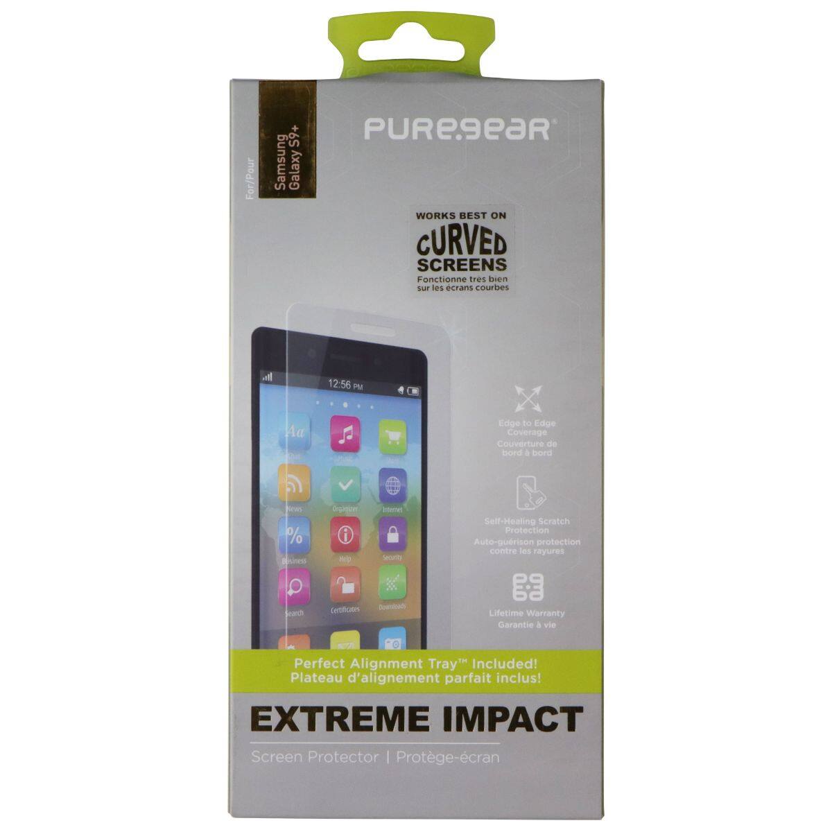 For/Pour Samsung Galaxy S9+  
PUREgeaR WORKS BEST ON CURVED SCREENS  
Fonctionne très bien sur les écrans courbes  

12:56 PM  
Aa  

Edge to Edge Coverage  
Couverture de bord à bord  

Self-Healing Scratch Protection  
Auto-guérison protection contre les rayures  

Lifetime Warranty  
Garantie à vie  

Perfect Alignment Tray Included!  
Plateau d'alignement parfait inclus!  

EXTREME IMPACT  
Screen Protector | Protège-écran
