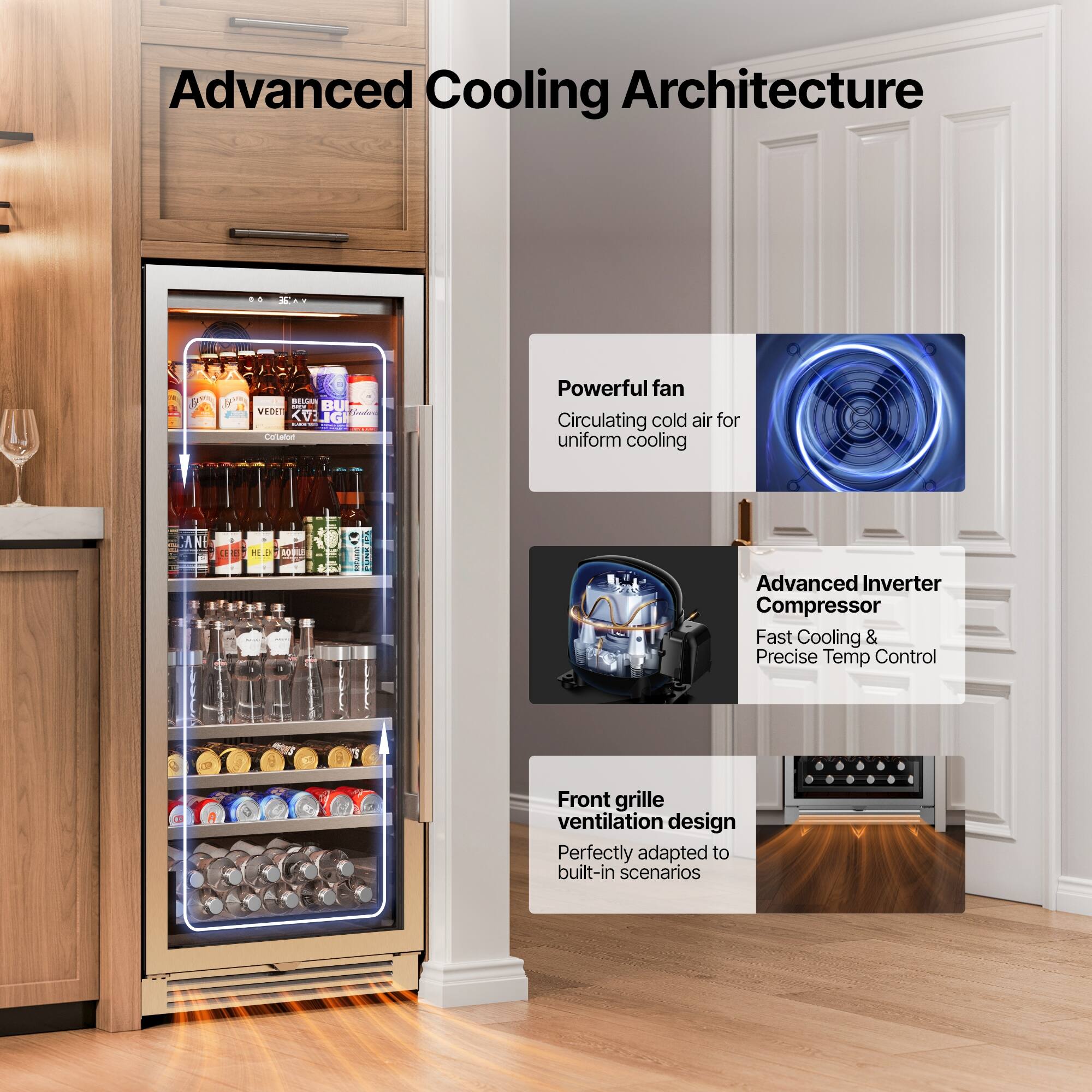 Advanced Cooling Architecture

- Powerful fan: Circulating cold air for uniform cooling
- Advanced Inverter Compressor: Fast Cooling & Precise Temp Control
- Front grille ventilation design: Perfectly adapted to built-in scenarios