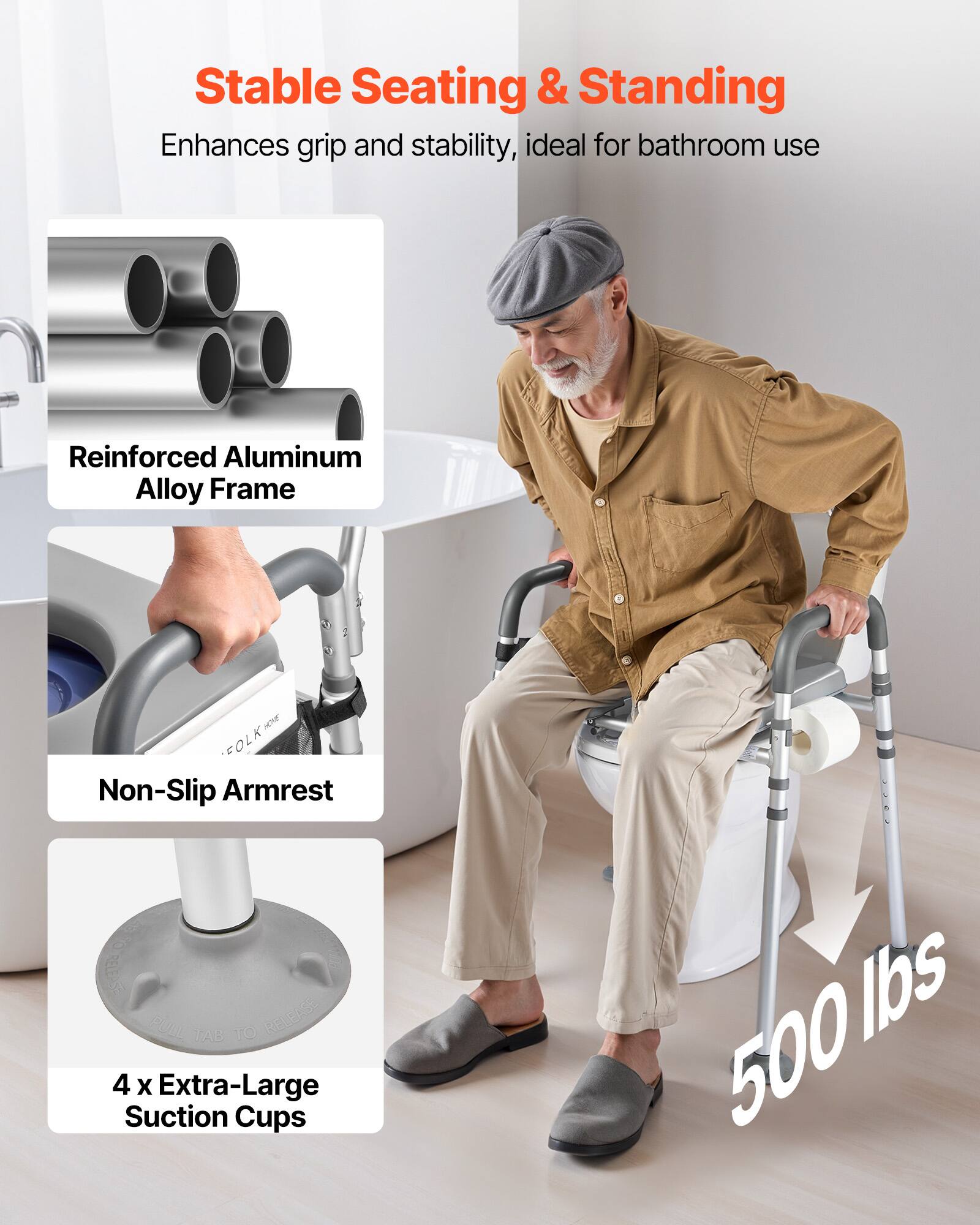 Stable Seating & Standing, Enhances grip and stability, ideal for bathroom use, Reinforced Aluminum Alloy Frame, Non-Slip Armrest, 4 X Extra-Large Suction Cups, 500 lbs