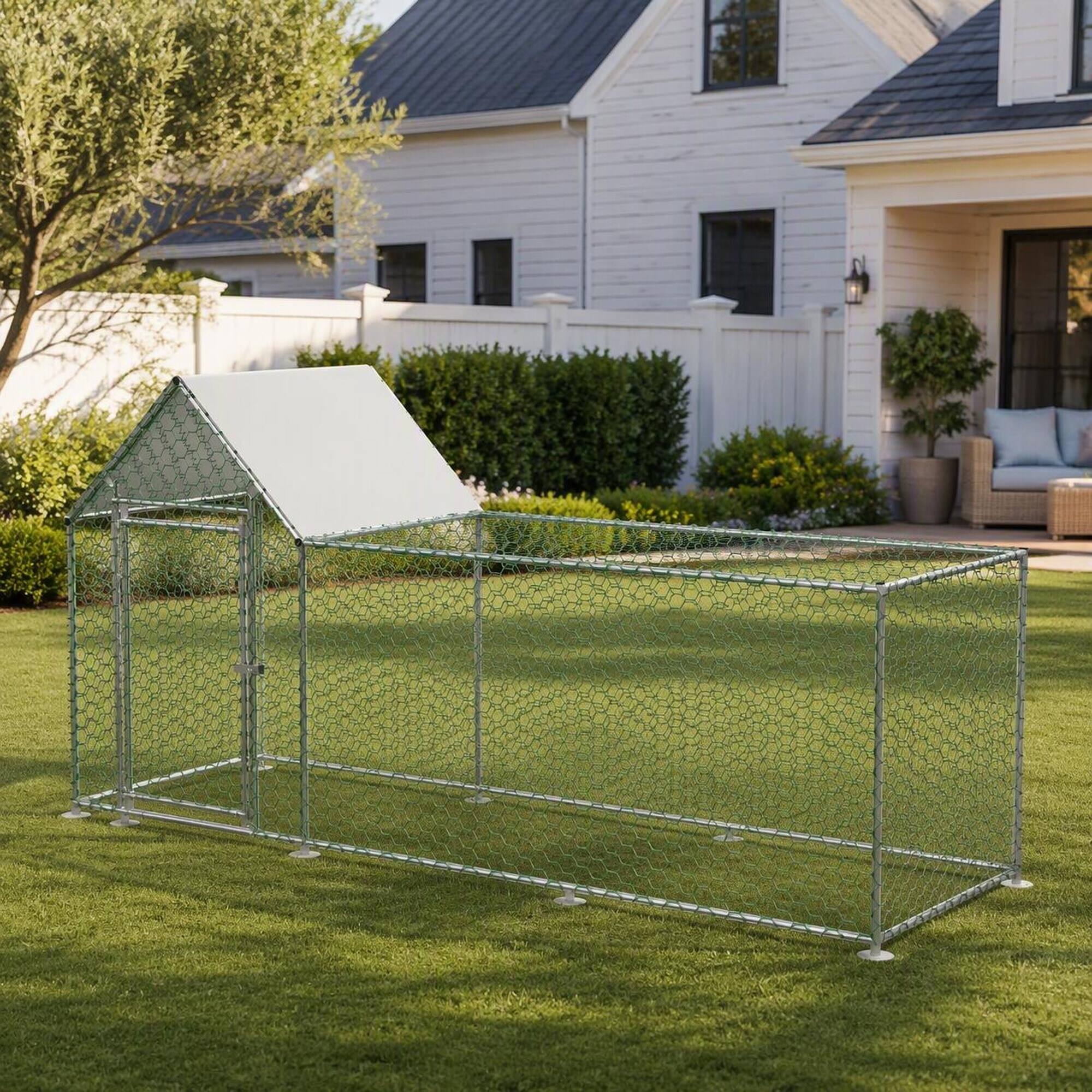 Left. RYHNUYNE - 10x3FT Metal Chicken Coop Run, Walk-in Poultry Cage with Waterproof Cover, Durable Steel Frame for Backyard Hens.