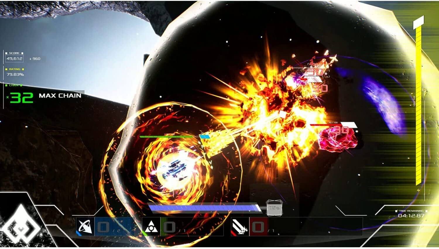 SCORE 49,612 +960  
HATINE 79.83%  
MAX CHAIN 32  
1207120  
70/100  
30 O / 2 O  
TIME REMAINING 04:12.87