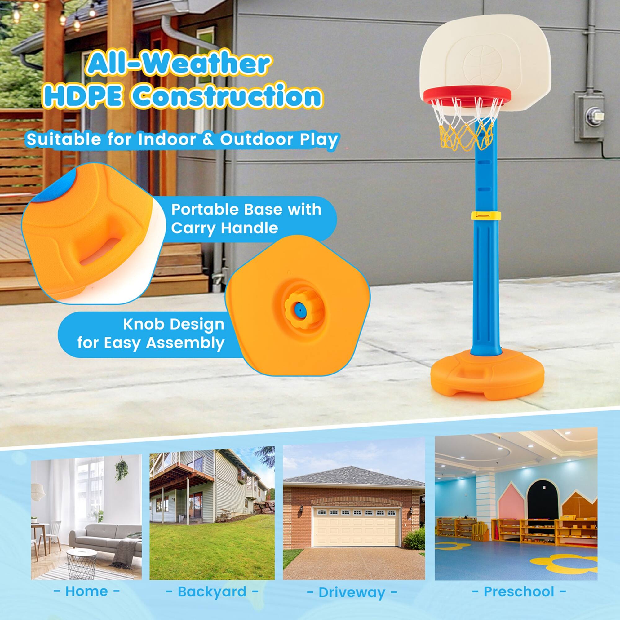 All-Weather HDPE Construction, Suitable for Indoor & Outdoor Play, Portable Base with Carry Handle, Knob Design for Easy Assembly, Home, Backyard, Driveway, Preschool