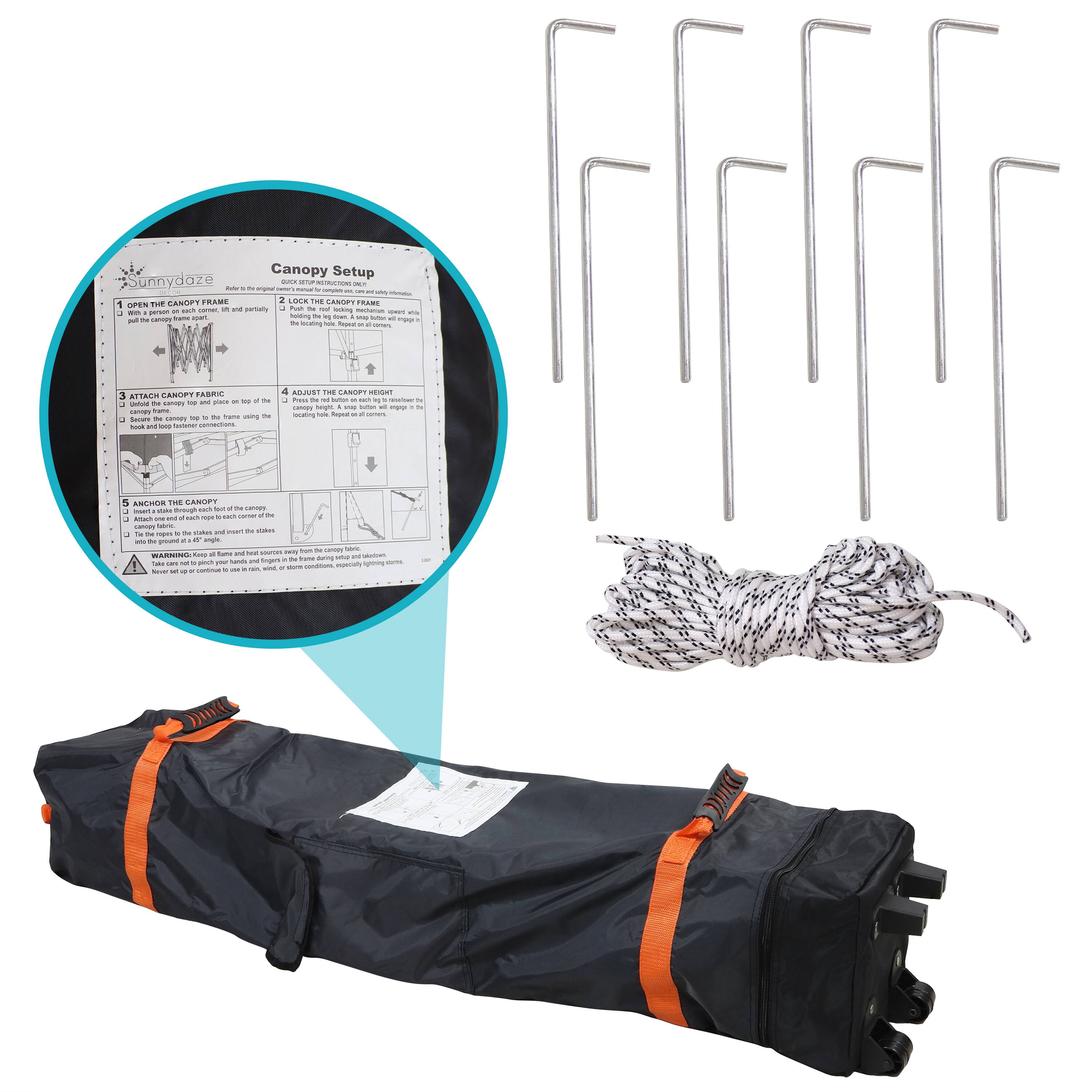 Canopy Setup

1. Open the Canopy Frame
   - With a parent on each side, open the frame until it is fully extended.

2. Lock the Canopy Frame
   - Hold the frame in place and lock the joints by inserting the pins.

3. Attach the Canopy Fabric
   - Place the canopy fabric on top of the frame.
   - Secure the canopy to the frame using the hooks provided.

4. Adjust the Canopy Height
   - Adjust the height of the canopy by sliding the joints up or down.
   - Locate the height you desire and lock the joints.

5. Anchor the Canopy
   - Attach each rope to each corner of the canopy.
   - Secure the ropes to the ground using stakes or weights.

WARNING: Keep children and pets safe from the canopy frame and fabric. Never leave the canopy unattended. Never use the canopy in windy, rainy, or stormy conditions.