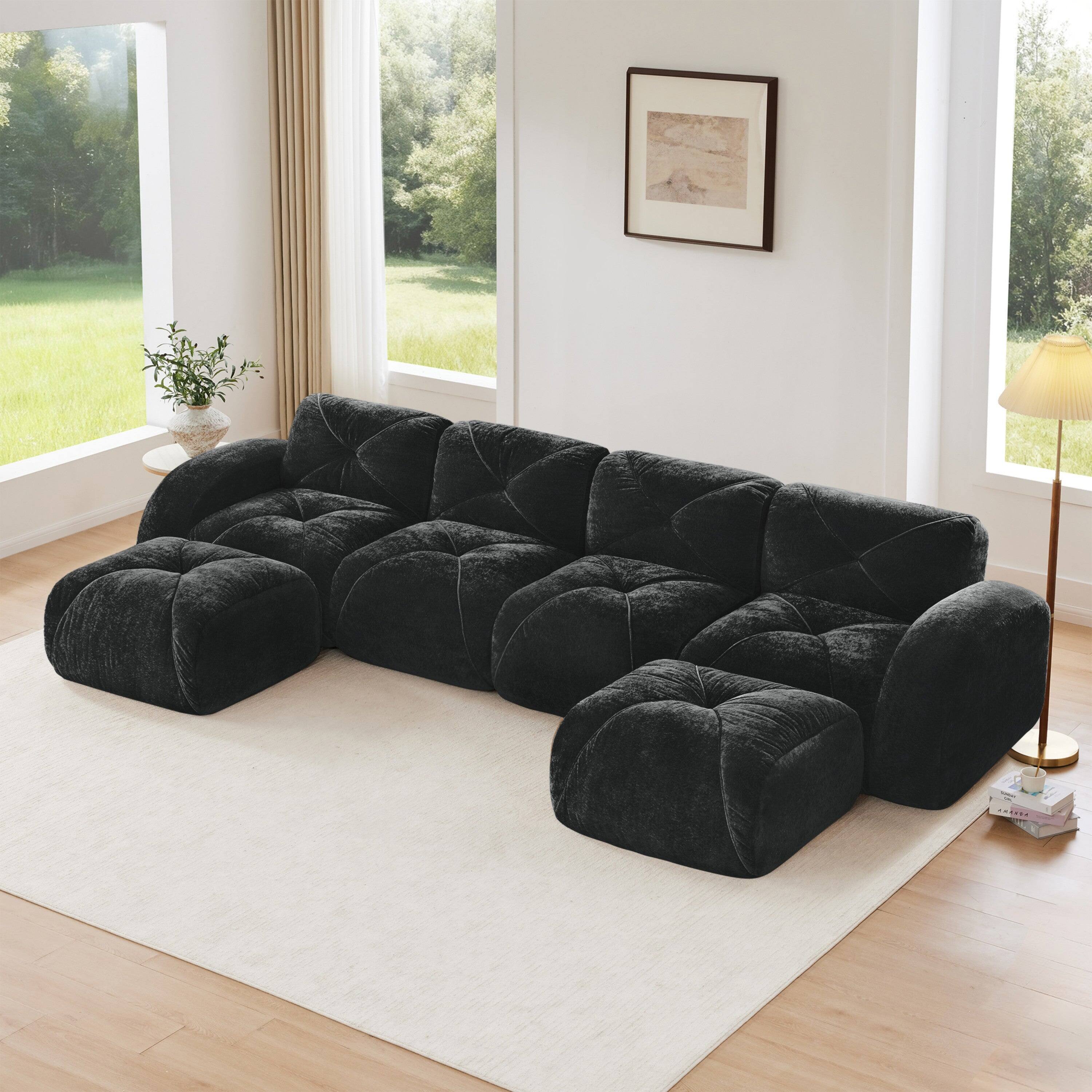 Alt View 3. Boyel Living - U Shaped Velvet Tufted Sofa Movable Ottomans 32D HD Sponge Anti Slip Free Combo No Assembly Living Theater Black - Black.