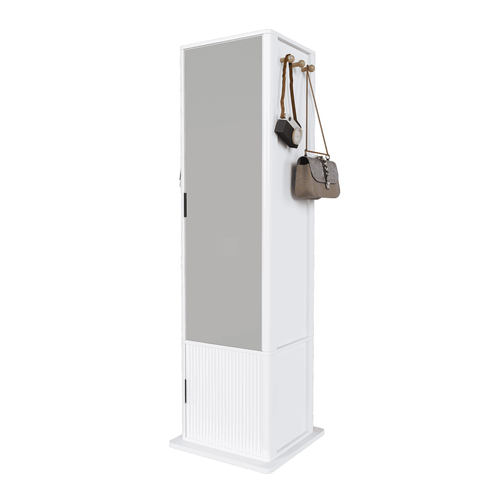 Angle. Kadyn - 360° Rotating Makeup & Jewelry Cabinet, Full Length Mirror Cabinet with Coat Rack, 4 Open & 2 Built-In Shelves, White.