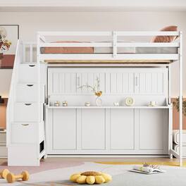 Tiramisubest - Full Over Full Murphy Bed with Hydraulic Lift, Desk & Storage, White - Space - Saving Multifunctional - White