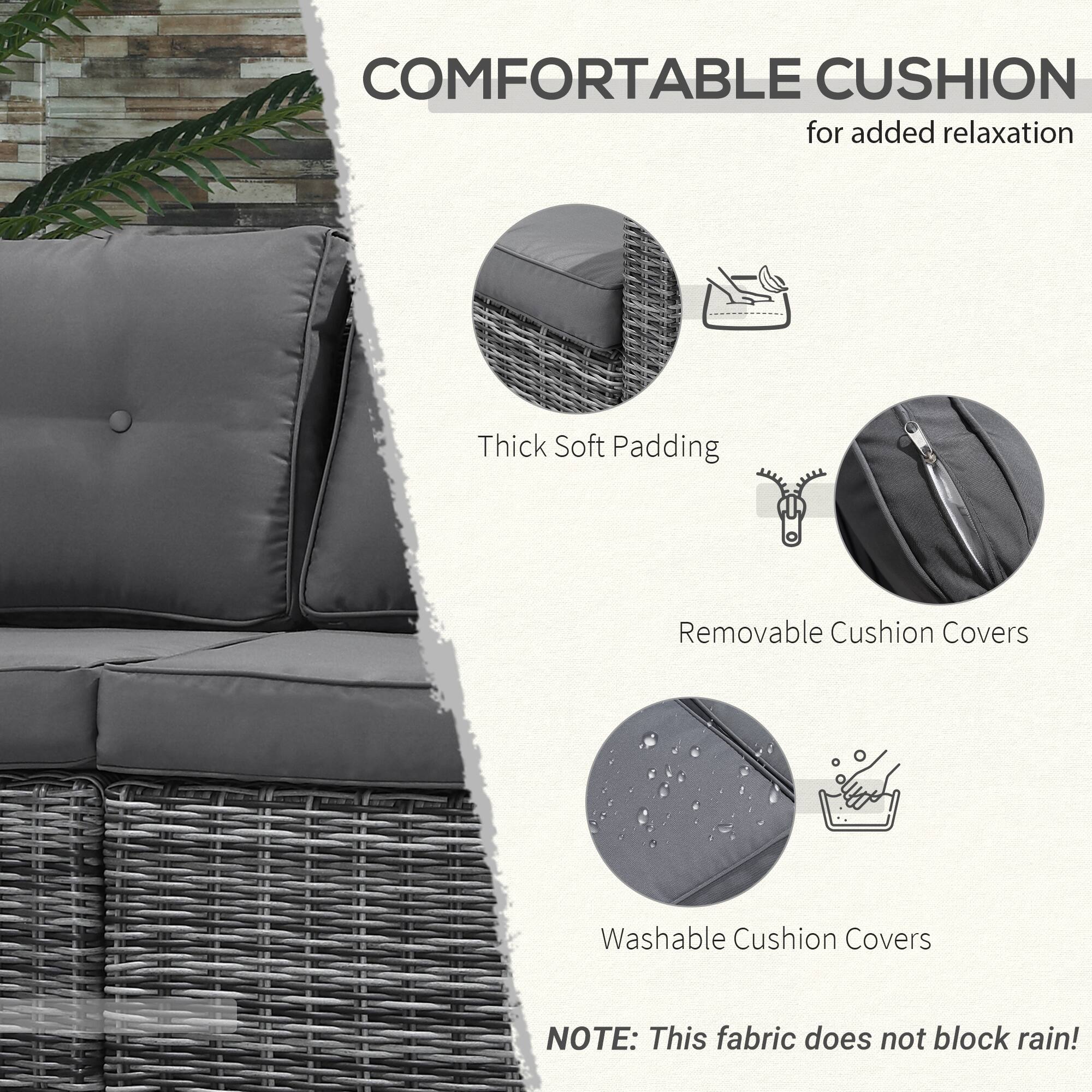 COMFORTABLE CUSHION for added relaxation

- Thick Soft Padding
- Removable Cushion Covers
- Washable Cushion Covers

NOTE: This fabric does not block rain!