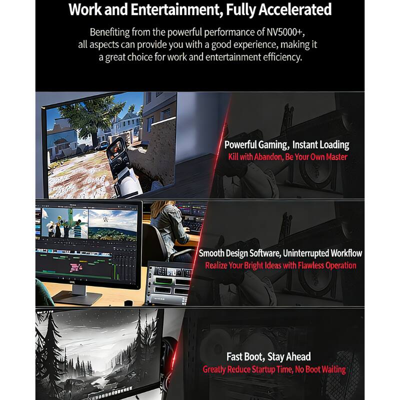 Work and Entertainment, Fully Accelerated  
Benefiting from the powerful performance of NV5000+, all aspects can provide you with a good experience, making it a great choice for work and entertainment efficiency.  

Powerful Gaming, Instant Loading  
Kill with Abandon, Be Your Own Master  

Smooth Design Software, Uninterrupted Workflow  
Realize Your Bright Ideas with Flawless Operation  

Fast Boot, Stay Ahead  
Greatly Reduce Startup Time, No Boot Waiting