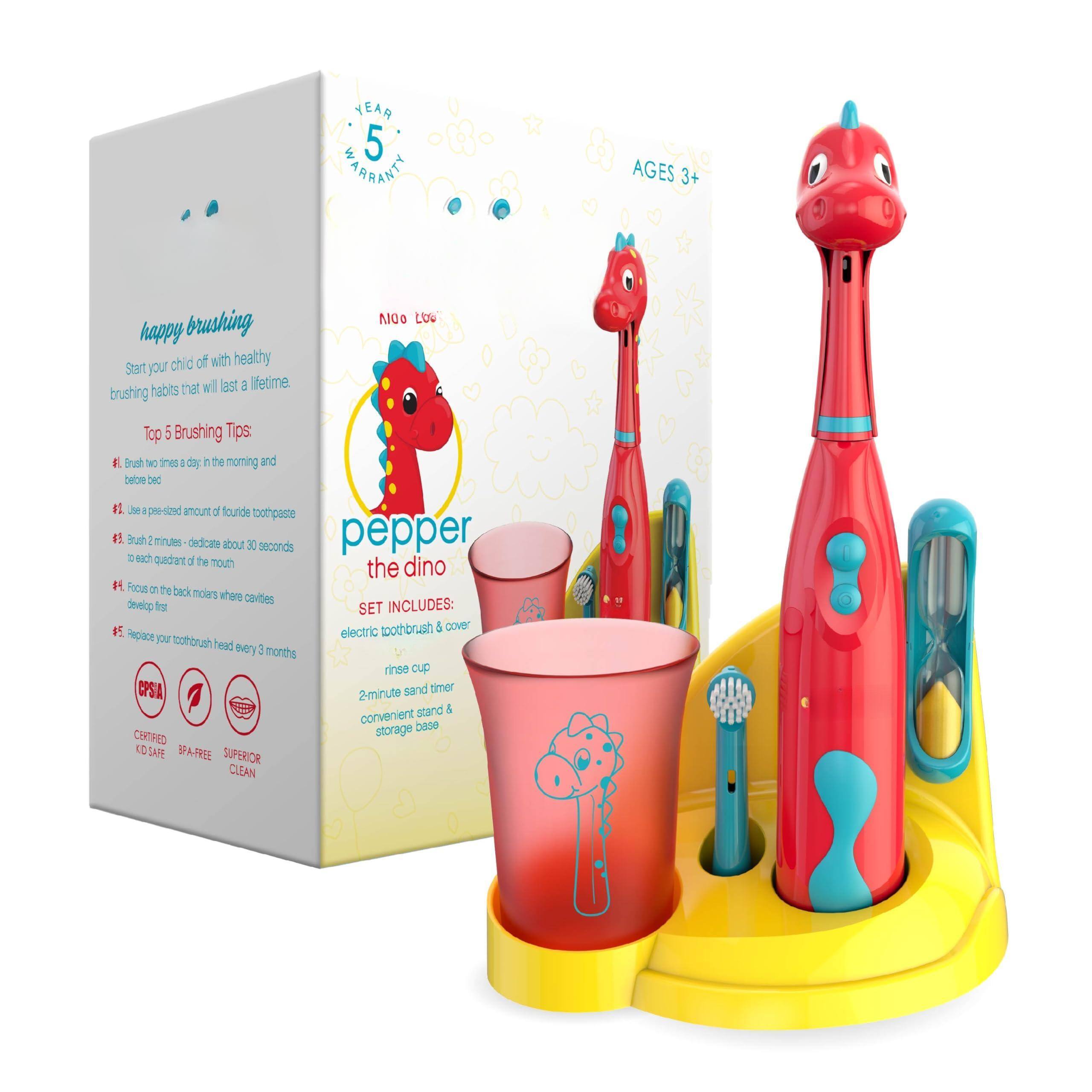 **Happy Brushing**

Start your child off with healthy brushing habits that will last a lifetime.

**Top 5 Brushing Tips:**
1. Brush twice a day, in the morning and before bed.
2. Use a pea-sized amount of fluoride toothpaste.
3. Brush for 2 minutes, divide into 30 seconds per quadrant of the mouth.
4. Focus on the back molars where cavities develop first.
5. Replace your toothbrush head every 3 months.

**Pepper the Dino**

**Set Includes:**
- Electric toothbrush & cover
- Rinse cup
- 2-minute sand timer
- Convenient stand & storage base

**Ages 3+**

**Year 5 Warranty**

**Certified**
- CPSA
- BPA-Free
- Superior Clean
- Child Safe

**Chatified LC Safe**