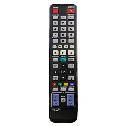POWER TN POWER BONUSVIEW SOURCE 1 2 3 4 5 6 7 SUBTITLE 8 0 9 AUDIO 14 PN 44 MEND 4 DISC MENU MENU TITLE MENU 0 POPUP TOOLS 3 INFO i RETURN EXIT de A C D INTERNET FULLSCREEN REPEAT TV + VOL MUTE CH - AK59-00104R IE-R98