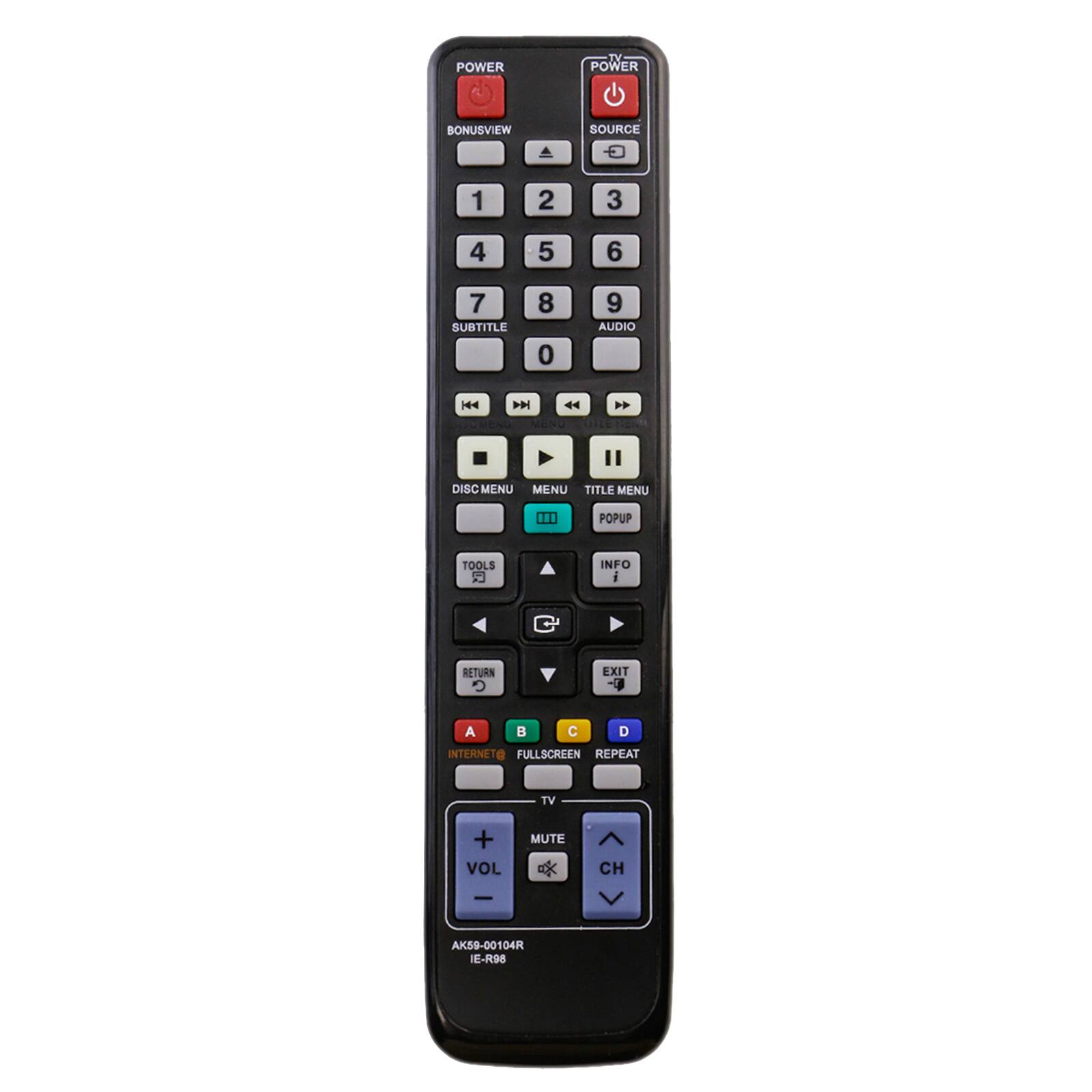 POWER TN POWER BONUSVIEW SOURCE 1 2 3 4 5 6 7 SUBTITLE 8 0 9 AUDIO 14 PN 44 MEND 4 DISC MENU MENU TITLE MENU 0 POPUP TOOLS 3 INFO i RETURN EXIT de A C D INTERNET FULLSCREEN REPEAT TV + VOL MUTE CH - AK59-00104R IE-R98